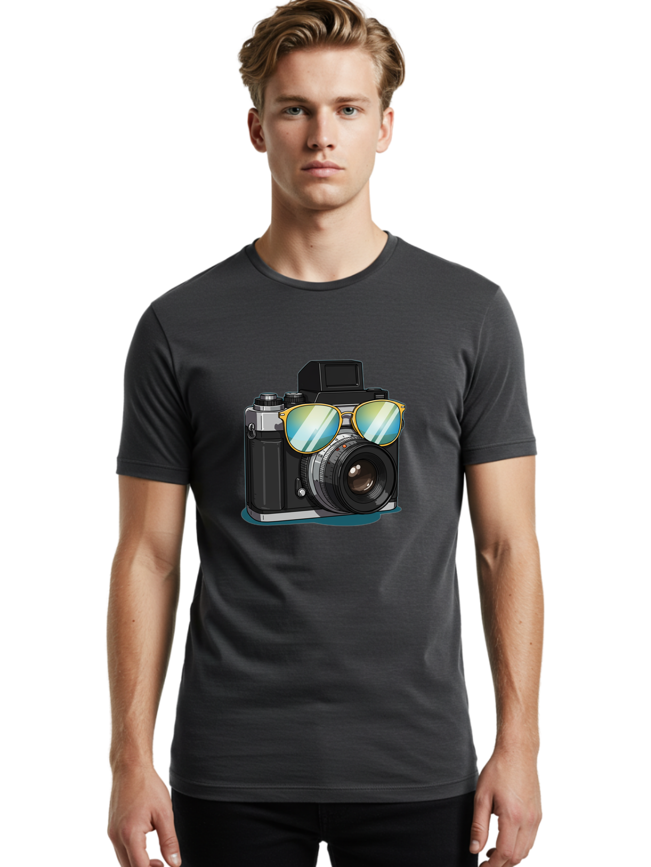 Camera-With-Sunglasses-1 Men'S Graphic Tee, 100% Cotton, Comfortable Casual Summer Wear, Machine Washable, Vintage Camera, Camera With Sunglasses, Cool Camera, Retro Photography, Stylish Accessories, Fashion Photography, Photography Equipment, Bae380