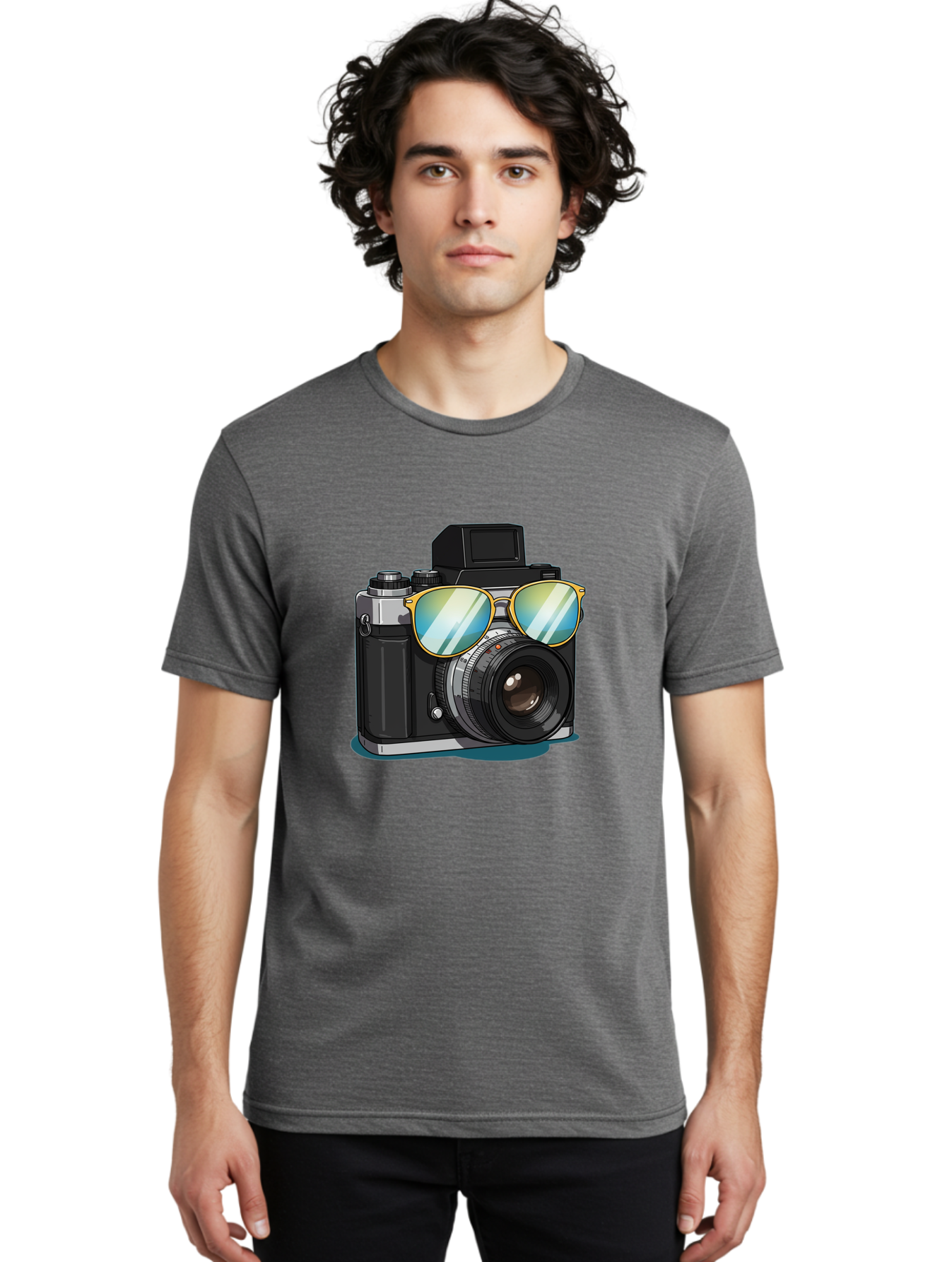 Camera-With-Sunglasses-1 Men'S Graphic Tee, 100% Cotton, Comfortable Casual Summer Wear, Machine Washable, Vintage Camera, Camera With Sunglasses, Cool Camera, Retro Photography, Stylish Accessories, Fashion Photography, Photography Equipment, Bae380