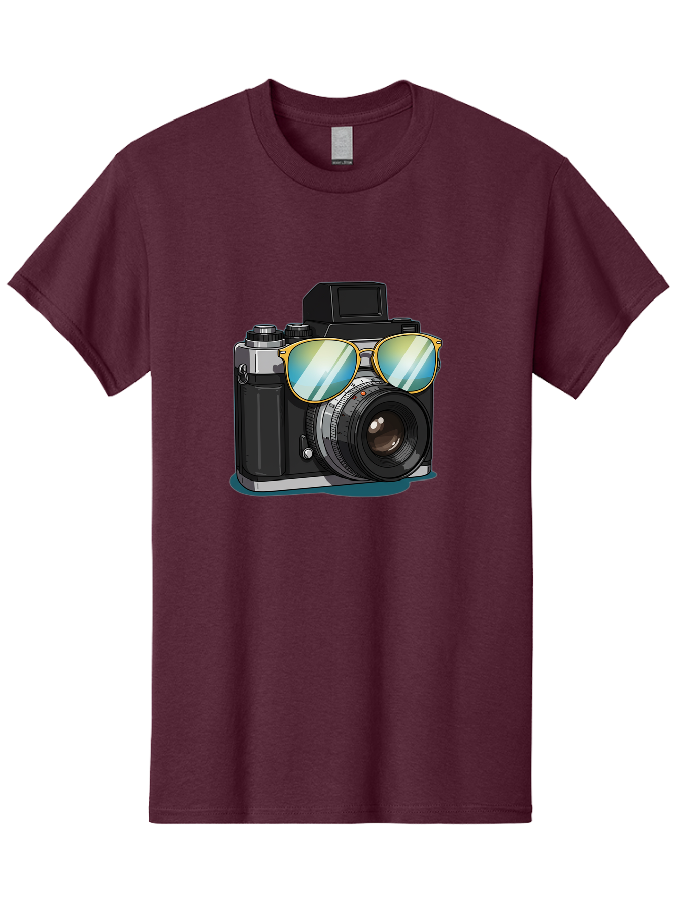 Camera-With-Sunglasses-1 Men'S Graphic Tee, 100% Cotton, Comfortable Casual Summer Wear, Machine Washable, Vintage Camera, Camera With Sunglasses, Cool Camera, Retro Photography, Stylish Accessories, Fashion Photography, Photography Equipment, Bae380
