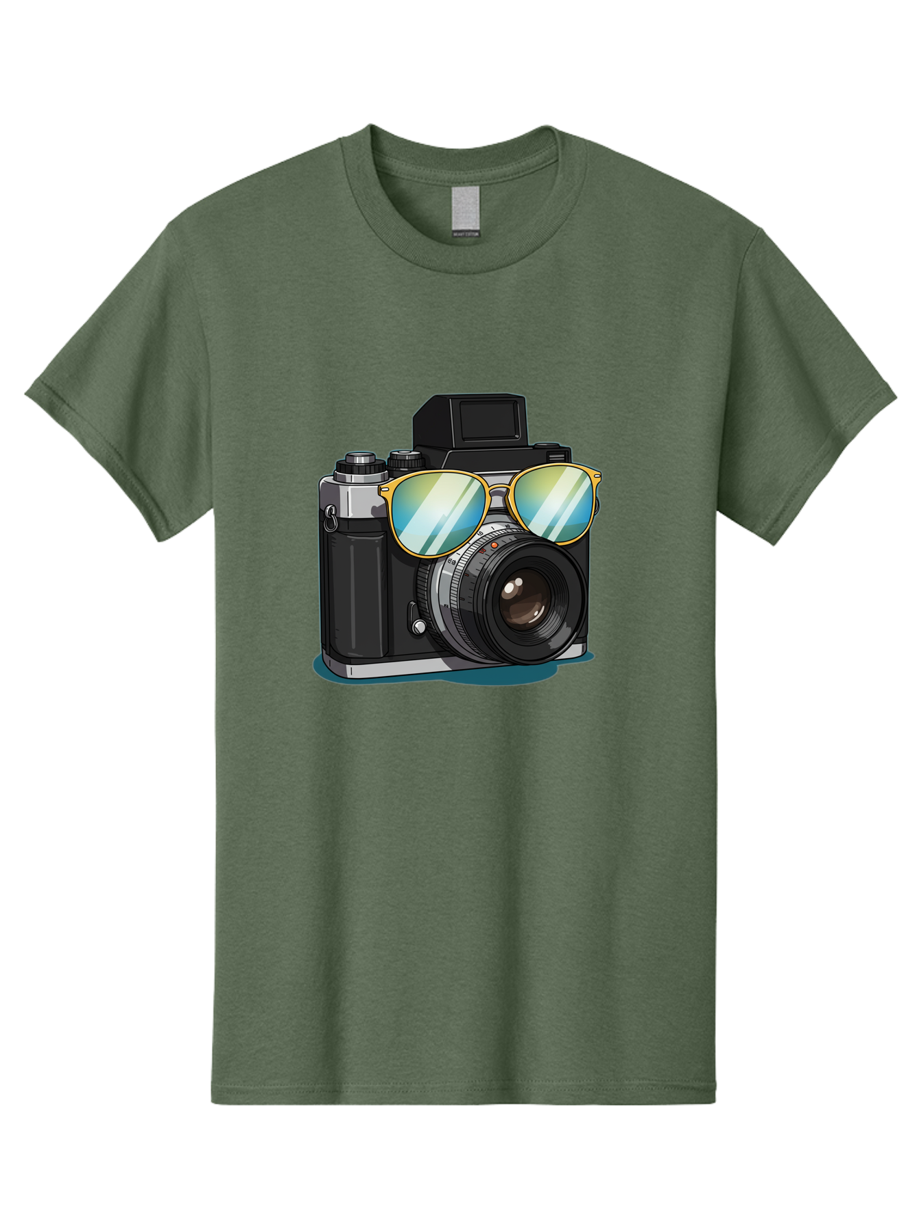 Camera-With-Sunglasses-1 Men'S Graphic Tee, 100% Cotton, Comfortable Casual Summer Wear, Machine Washable, Vintage Camera, Camera With Sunglasses, Cool Camera, Retro Photography, Stylish Accessories, Fashion Photography, Photography Equipment, Bae380