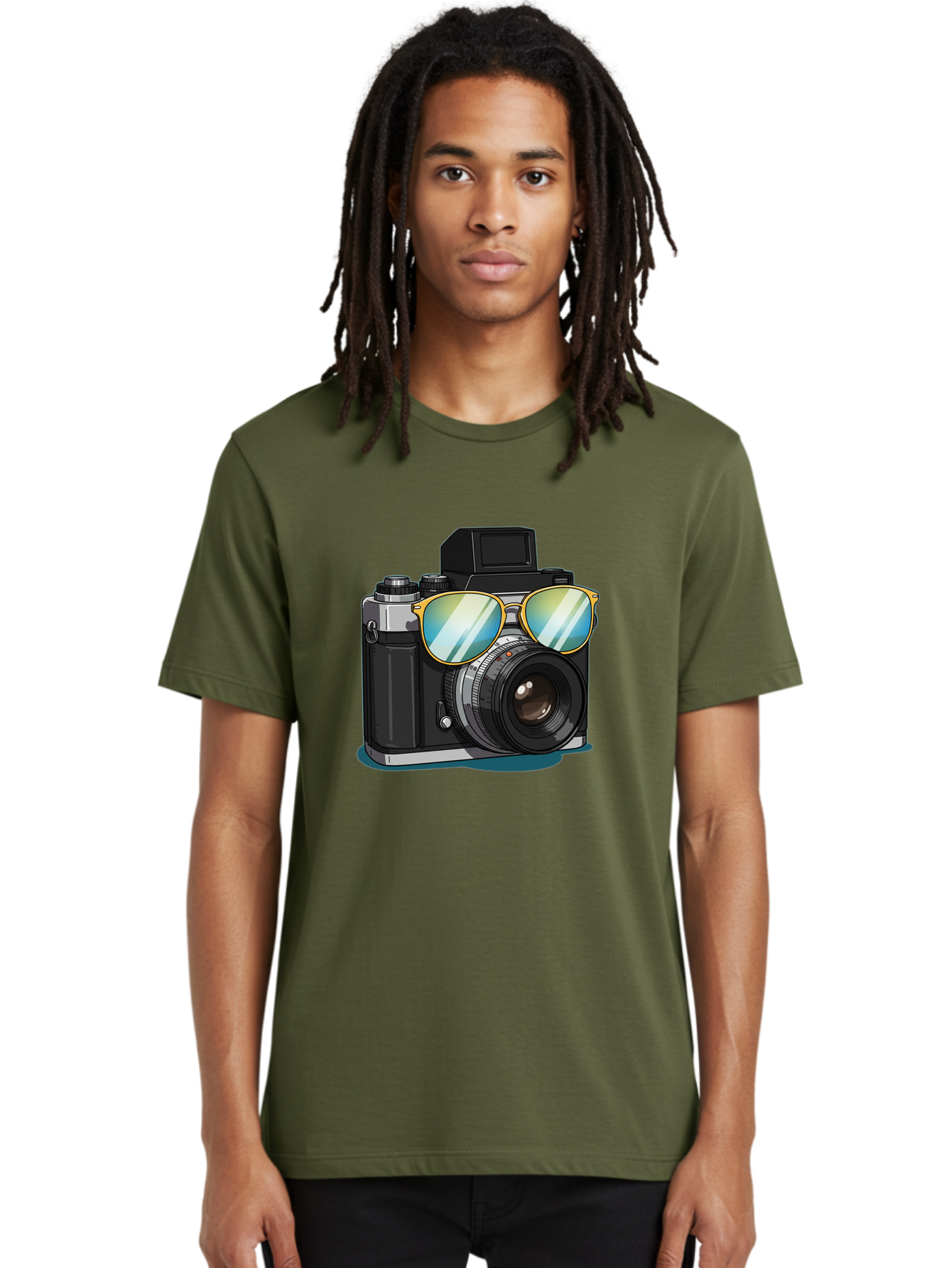 Camera-With-Sunglasses-1 Men'S Graphic Tee, 100% Cotton, Comfortable Casual Summer Wear, Machine Washable, Vintage Camera, Camera With Sunglasses, Cool Camera, Retro Photography, Stylish Accessories, Fashion Photography, Photography Equipment, Bae380