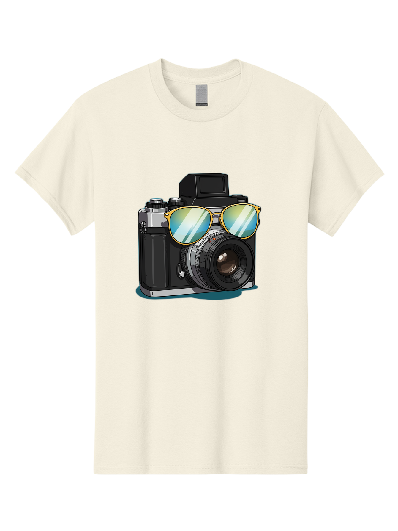 Camera-With-Sunglasses-1 Men'S Graphic Tee, 100% Cotton, Comfortable Casual Summer Wear, Machine Washable, Vintage Camera, Camera With Sunglasses, Cool Camera, Retro Photography, Stylish Accessories, Fashion Photography, Photography Equipment, Bae380