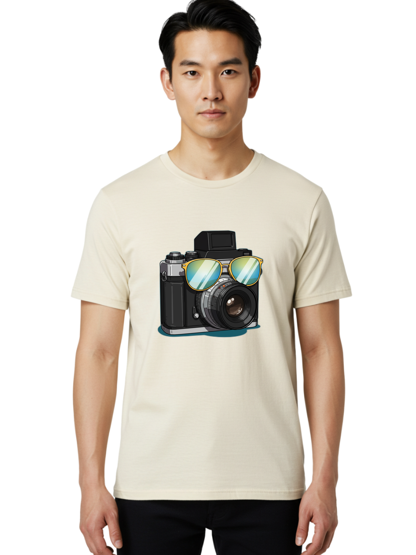Camera-With-Sunglasses-1 Men'S Graphic Tee, 100% Cotton, Comfortable Casual Summer Wear, Machine Washable, Vintage Camera, Camera With Sunglasses, Cool Camera, Retro Photography, Stylish Accessories, Fashion Photography, Photography Equipment, Bae380