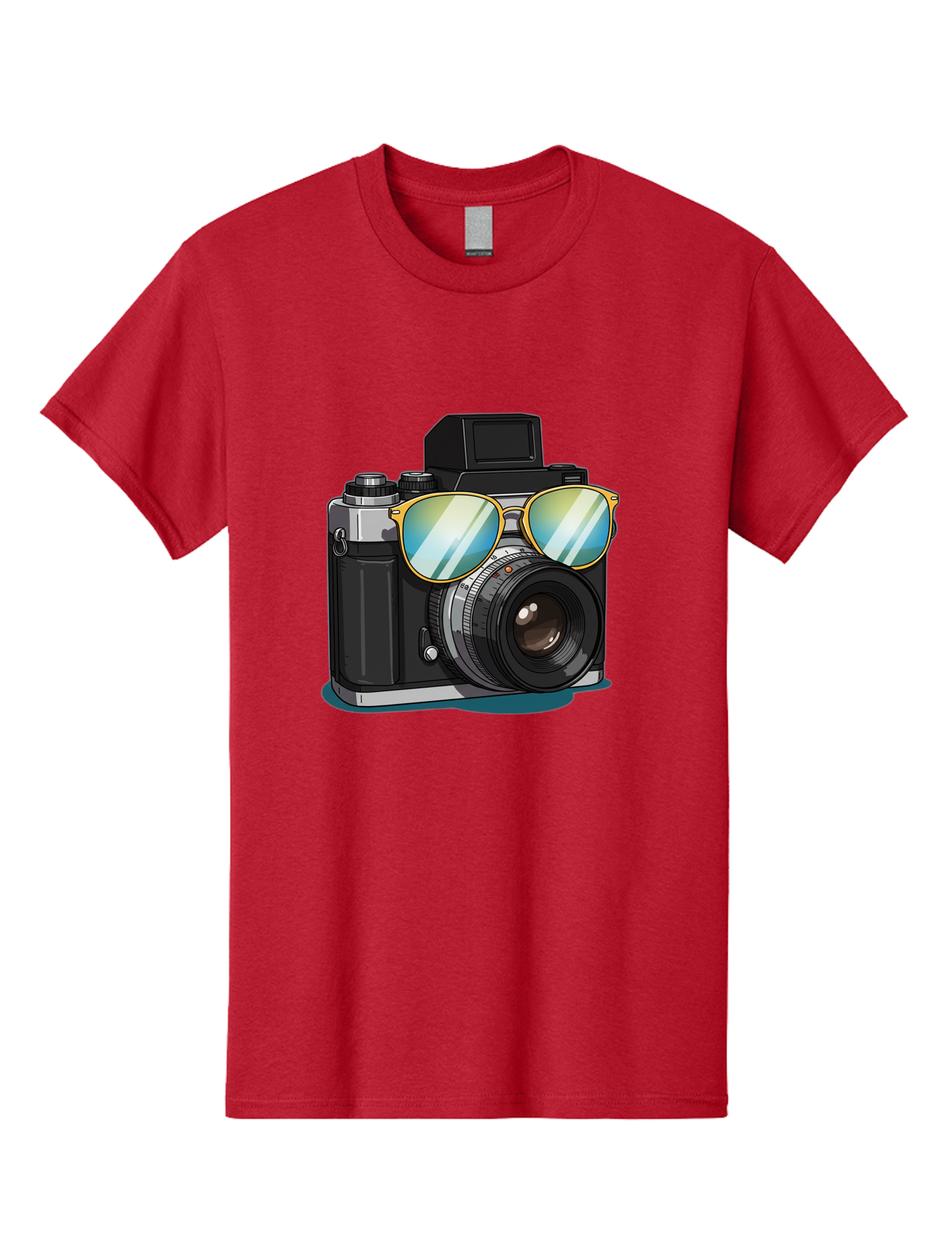 Camera-With-Sunglasses-1 Men'S Graphic Tee, 100% Cotton, Comfortable Casual Summer Wear, Machine Washable, Vintage Camera, Camera With Sunglasses, Cool Camera, Retro Photography, Stylish Accessories, Fashion Photography, Photography Equipment, Bae380