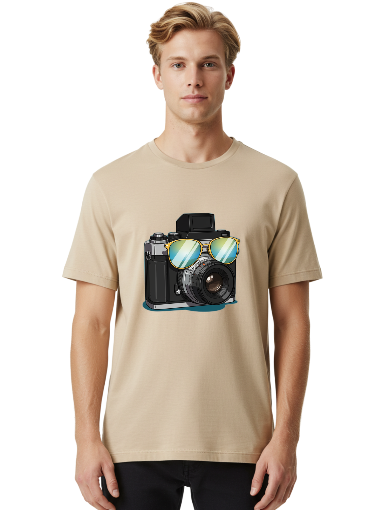 Camera-With-Sunglasses-1 Men'S Graphic Tee, 100% Cotton, Comfortable Casual Summer Wear, Machine Washable, Vintage Camera, Camera With Sunglasses, Cool Camera, Retro Photography, Stylish Accessories, Fashion Photography, Photography Equipment, Bae380