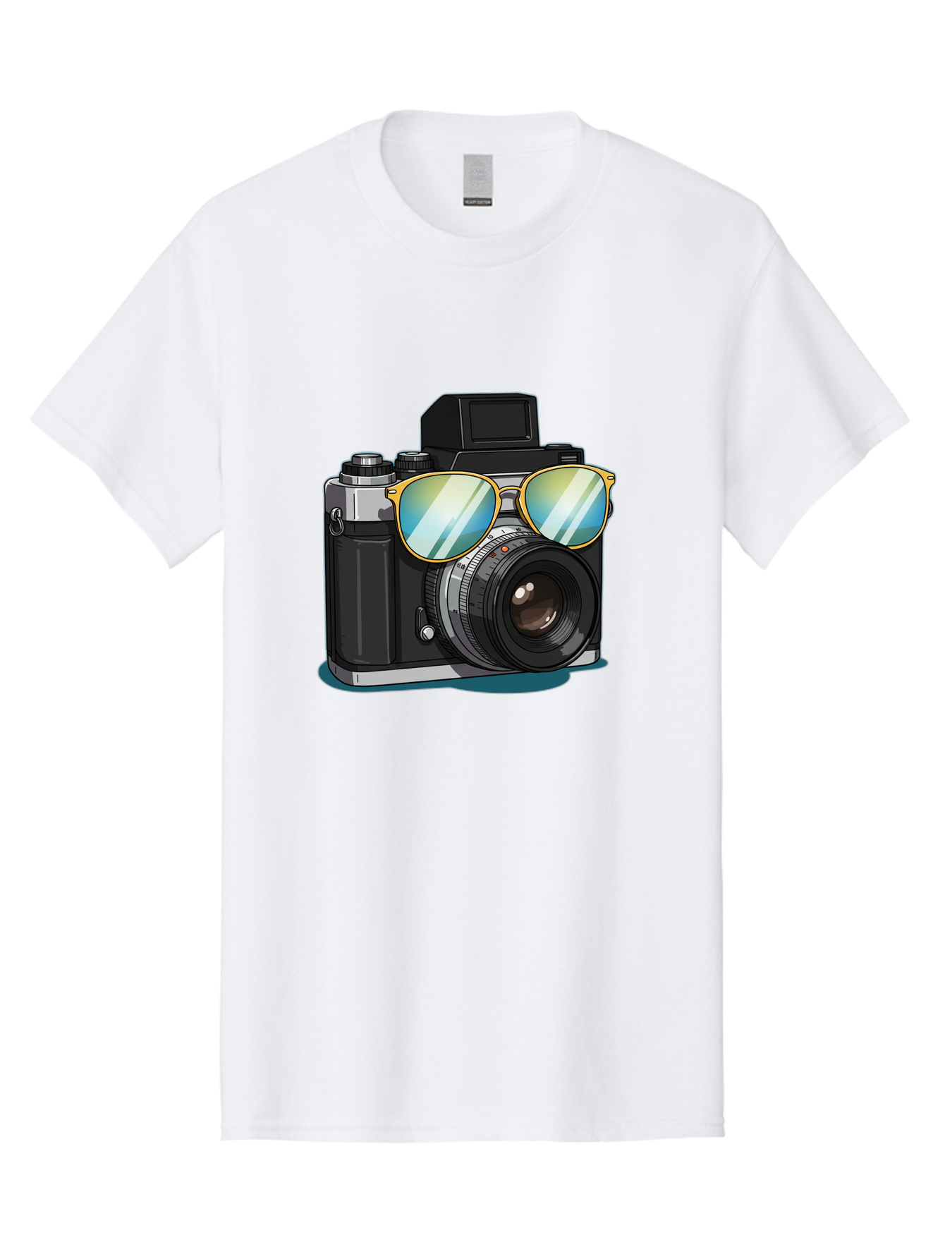 Camera-With-Sunglasses-1 Men'S Graphic Tee, 100% Cotton, Comfortable Casual Summer Wear, Machine Washable, Vintage Camera, Camera With Sunglasses, Cool Camera, Retro Photography, Stylish Accessories, Fashion Photography, Photography Equipment, Bae380