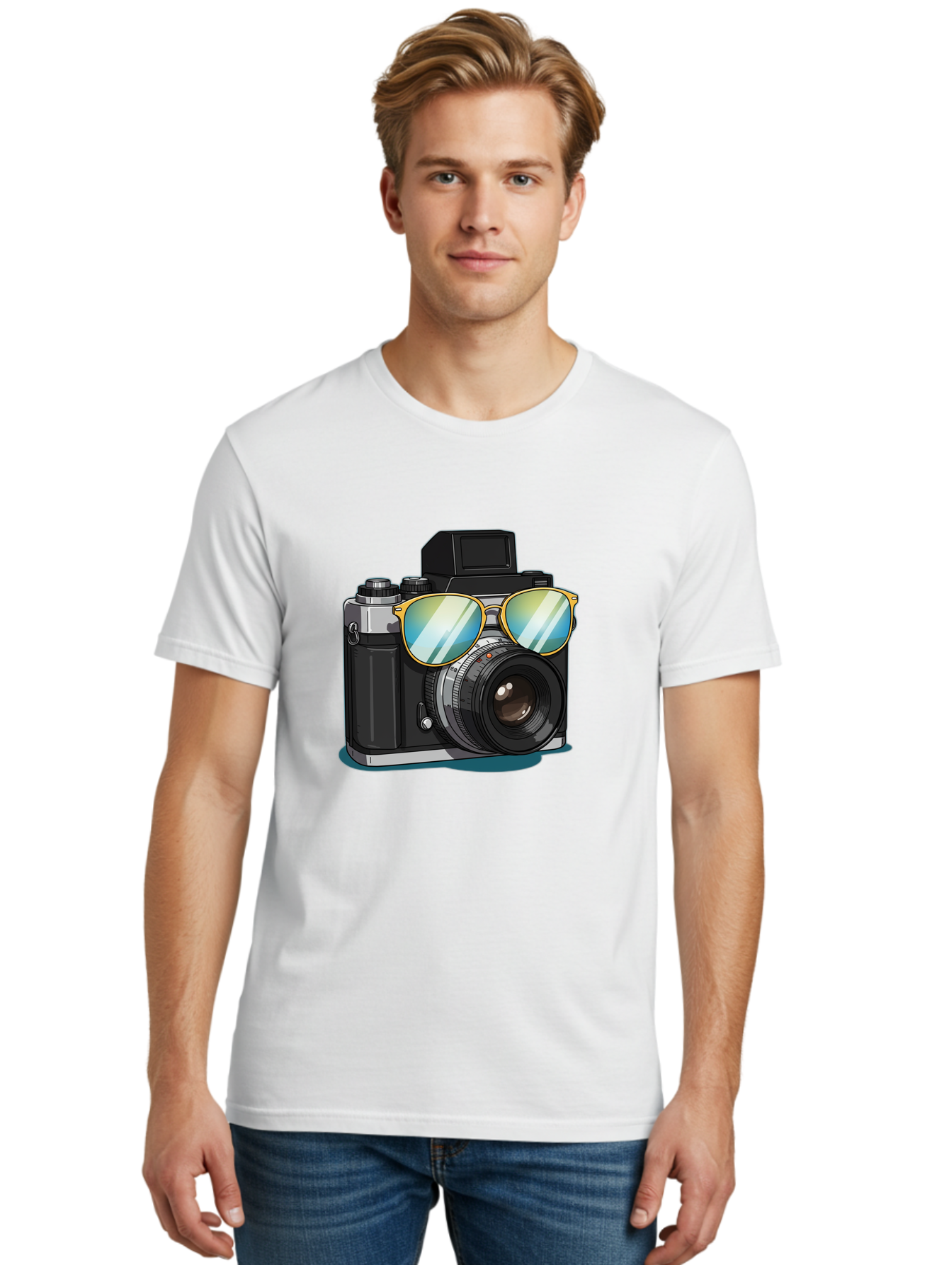 Camera-With-Sunglasses-1 Men'S Graphic Tee, 100% Cotton, Comfortable Casual Summer Wear, Machine Washable, Vintage Camera, Camera With Sunglasses, Cool Camera, Retro Photography, Stylish Accessories, Fashion Photography, Photography Equipment, Bae380
