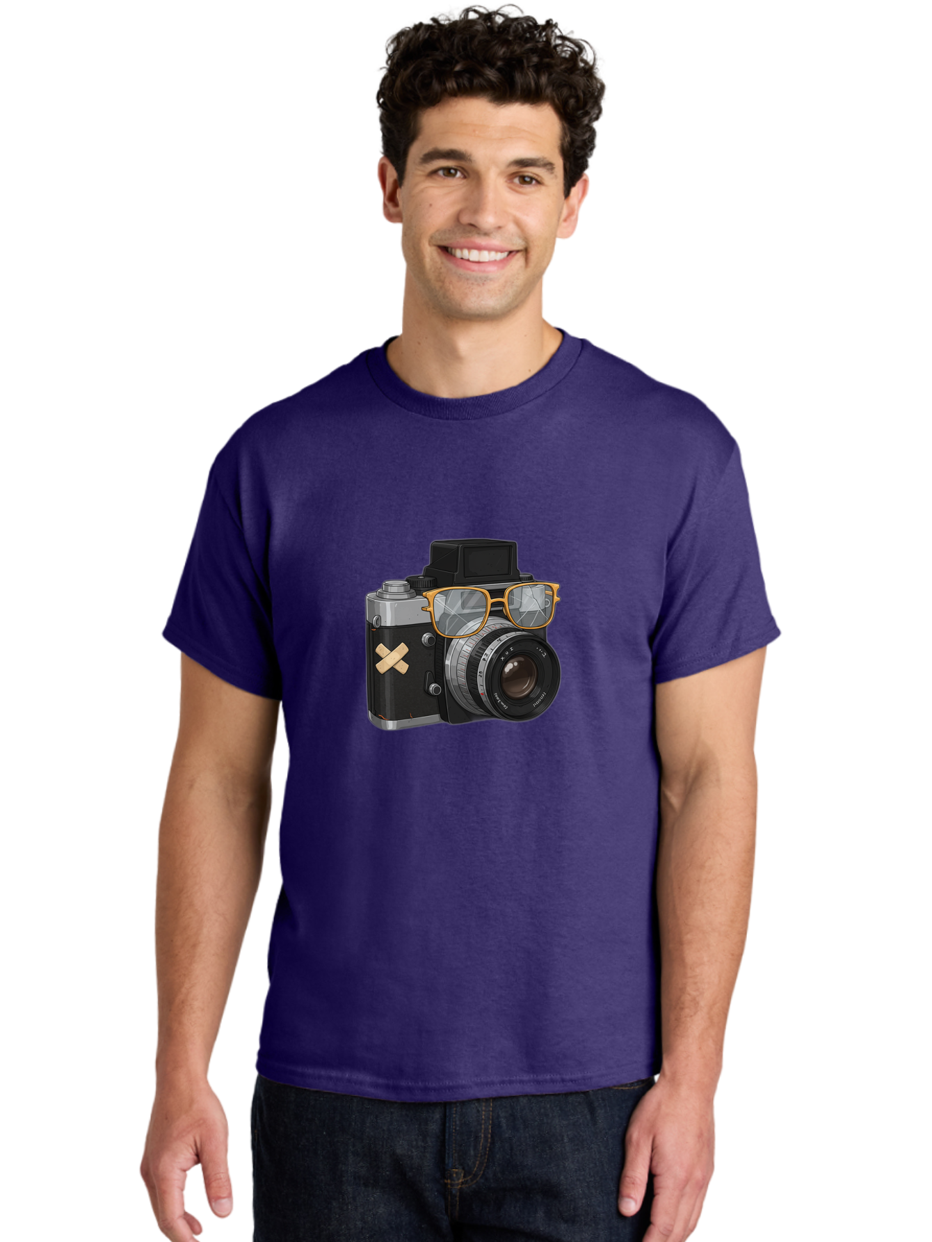 Camera-With-Sunglasses Men'S Graphic Tee, 100% Cotton, Comfortable Casual Summer Wear, Machine Washable, Vintage Camera, Camera With Sunglasses, Retro Style, Camera Accessories, Photography Equipment, Cool Camera, Hipster Camera, Bae381