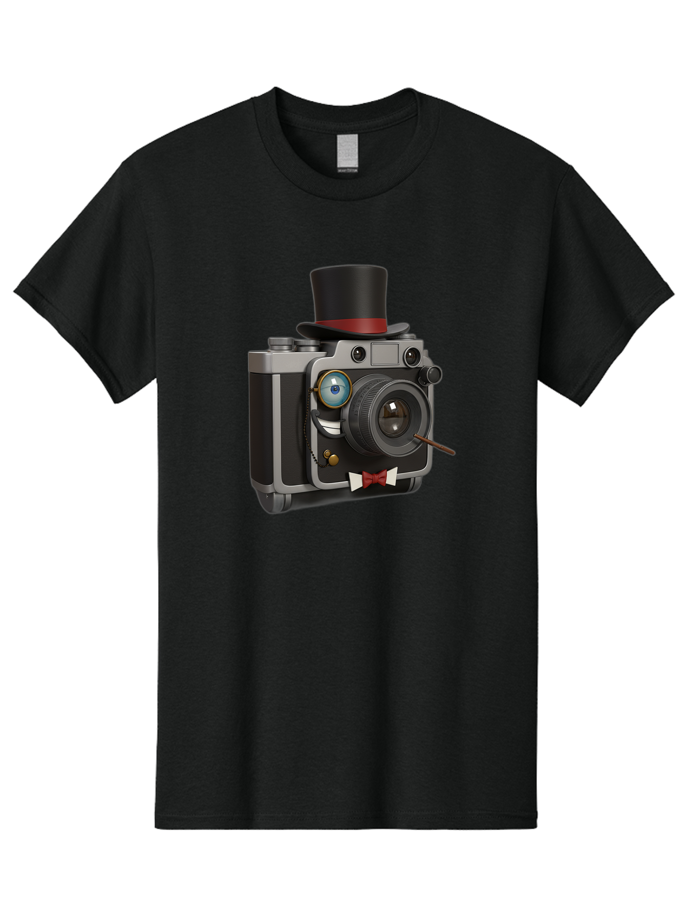 Camera-With-Top-Hat-And-Cane Men'S Graphic Tee, 100% Cotton, Comfortable Casual Summer Wear, Machine Washable, Vintage Camera, Top Hat, Bow Tie, Monocle, Sophisticated Photography, Retro Style, Gentlemanly Elegance, Classic Accessories, Bae382