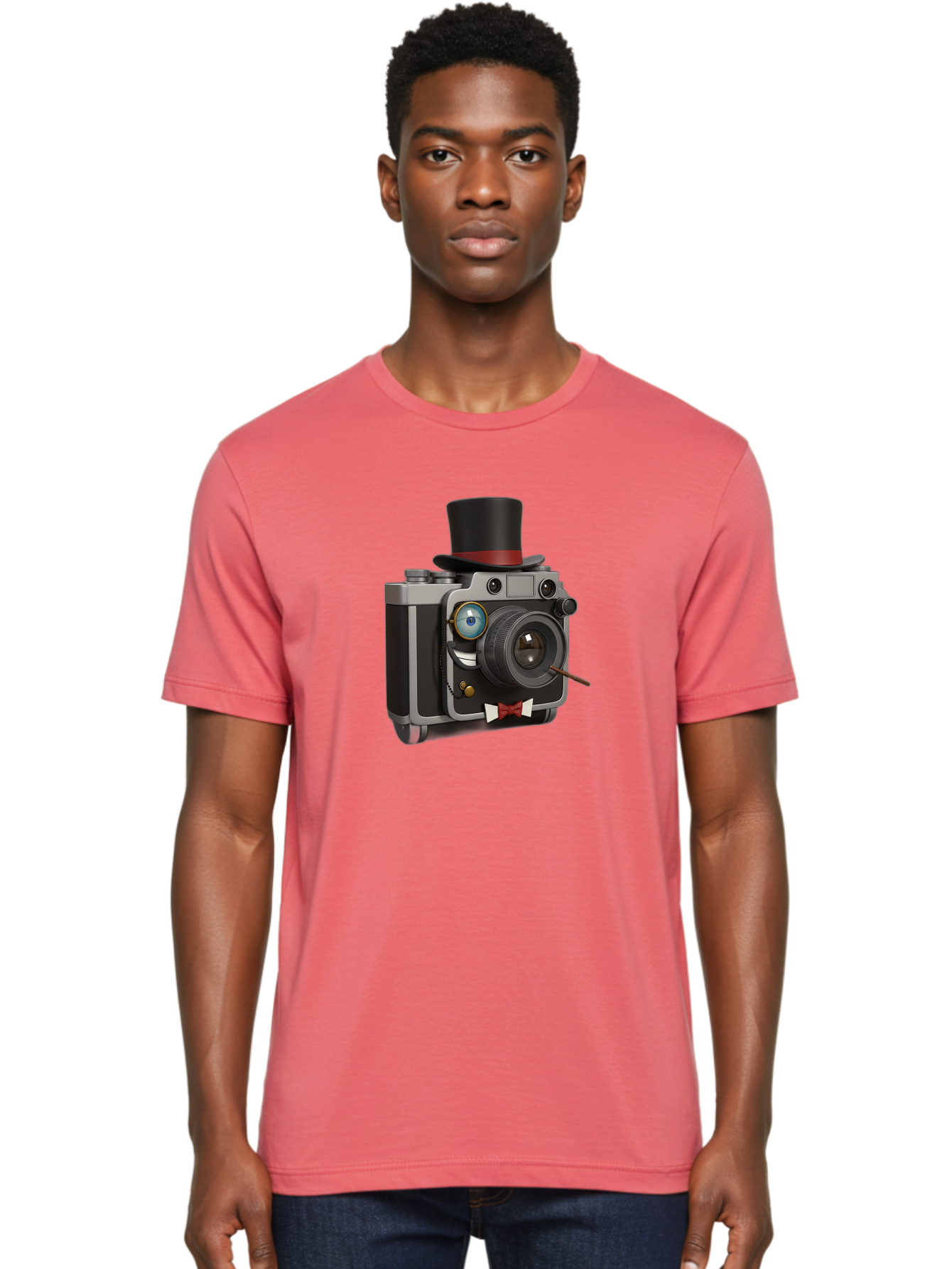 Camera-With-Top-Hat-And-Cane Men'S Graphic Tee, 100% Cotton, Comfortable Casual Summer Wear, Machine Washable, Vintage Camera, Top Hat, Bow Tie, Monocle, Sophisticated Photography, Retro Style, Gentlemanly Elegance, Classic Accessories, Bae382