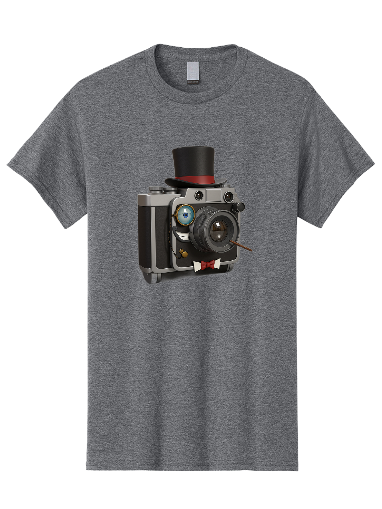 Camera-With-Top-Hat-And-Cane Men'S Graphic Tee, 100% Cotton, Comfortable Casual Summer Wear, Machine Washable, Vintage Camera, Top Hat, Bow Tie, Monocle, Sophisticated Photography, Retro Style, Gentlemanly Elegance, Classic Accessories, Bae382