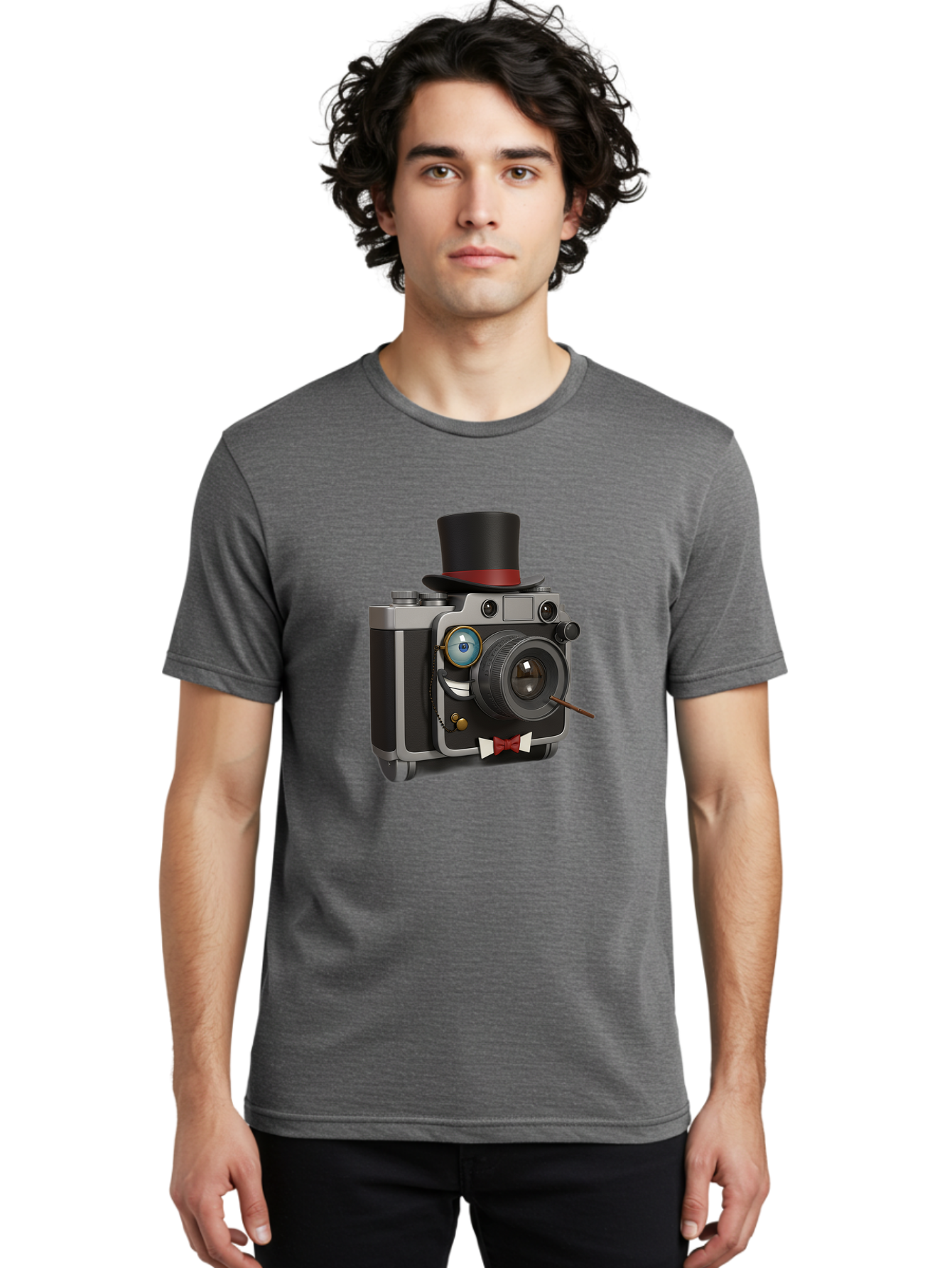 Camera-With-Top-Hat-And-Cane Men'S Graphic Tee, 100% Cotton, Comfortable Casual Summer Wear, Machine Washable, Vintage Camera, Top Hat, Bow Tie, Monocle, Sophisticated Photography, Retro Style, Gentlemanly Elegance, Classic Accessories, Bae382
