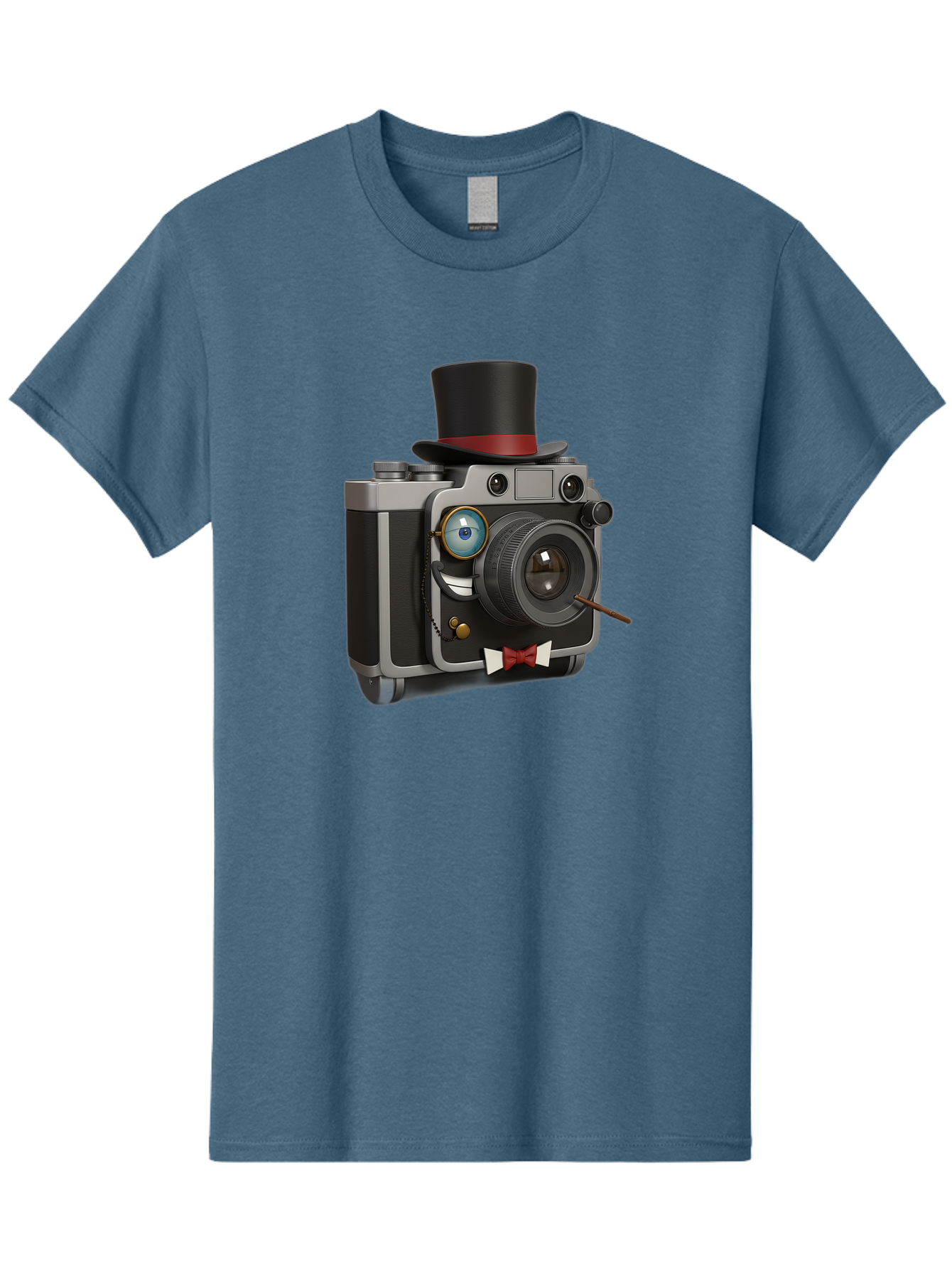 Camera-With-Top-Hat-And-Cane Men'S Graphic Tee, 100% Cotton, Comfortable Casual Summer Wear, Machine Washable, Vintage Camera, Top Hat, Bow Tie, Monocle, Sophisticated Photography, Retro Style, Gentlemanly Elegance, Classic Accessories, Bae382