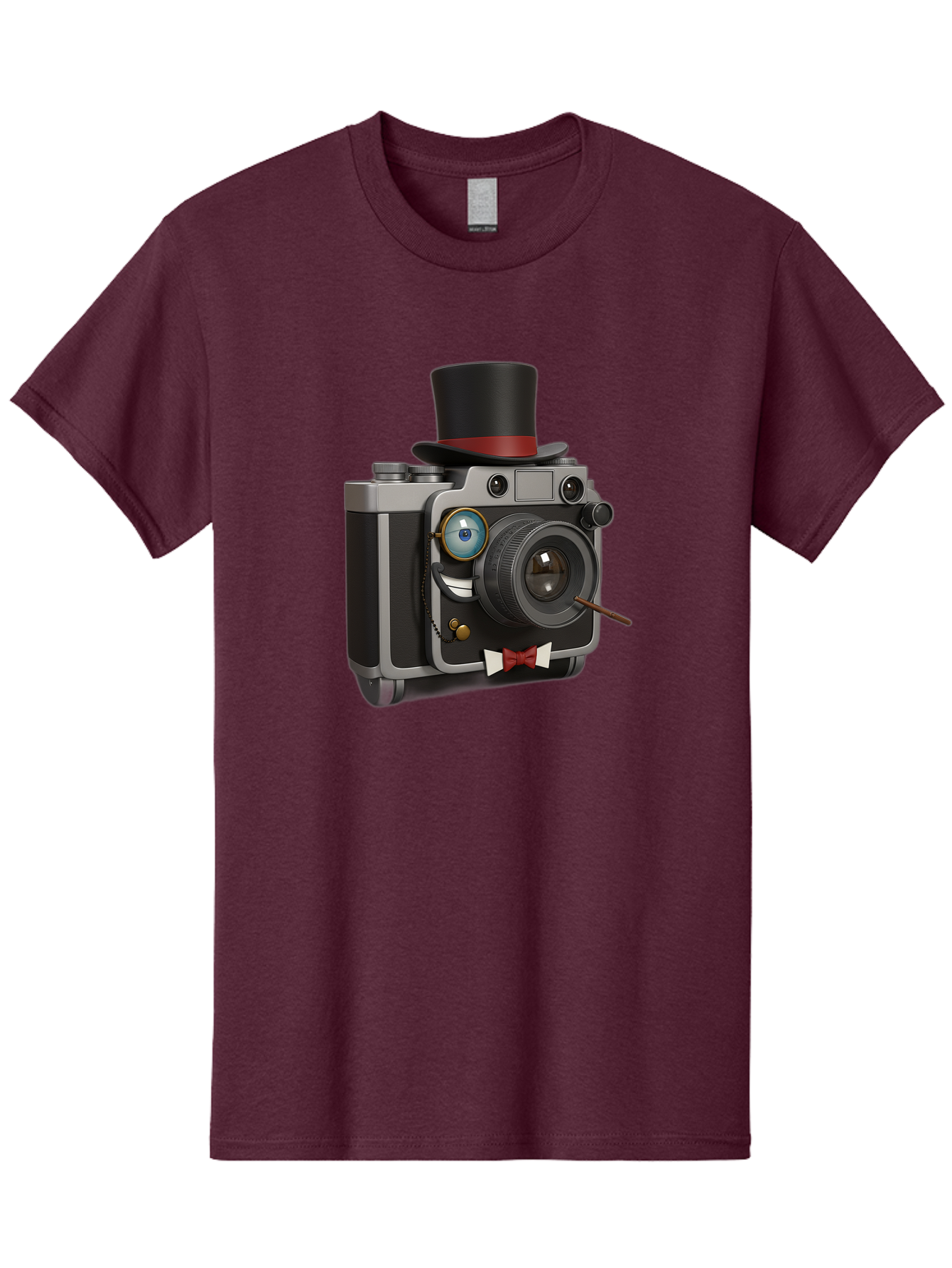 Camera-With-Top-Hat-And-Cane Men'S Graphic Tee, 100% Cotton, Comfortable Casual Summer Wear, Machine Washable, Vintage Camera, Top Hat, Bow Tie, Monocle, Sophisticated Photography, Retro Style, Gentlemanly Elegance, Classic Accessories, Bae382