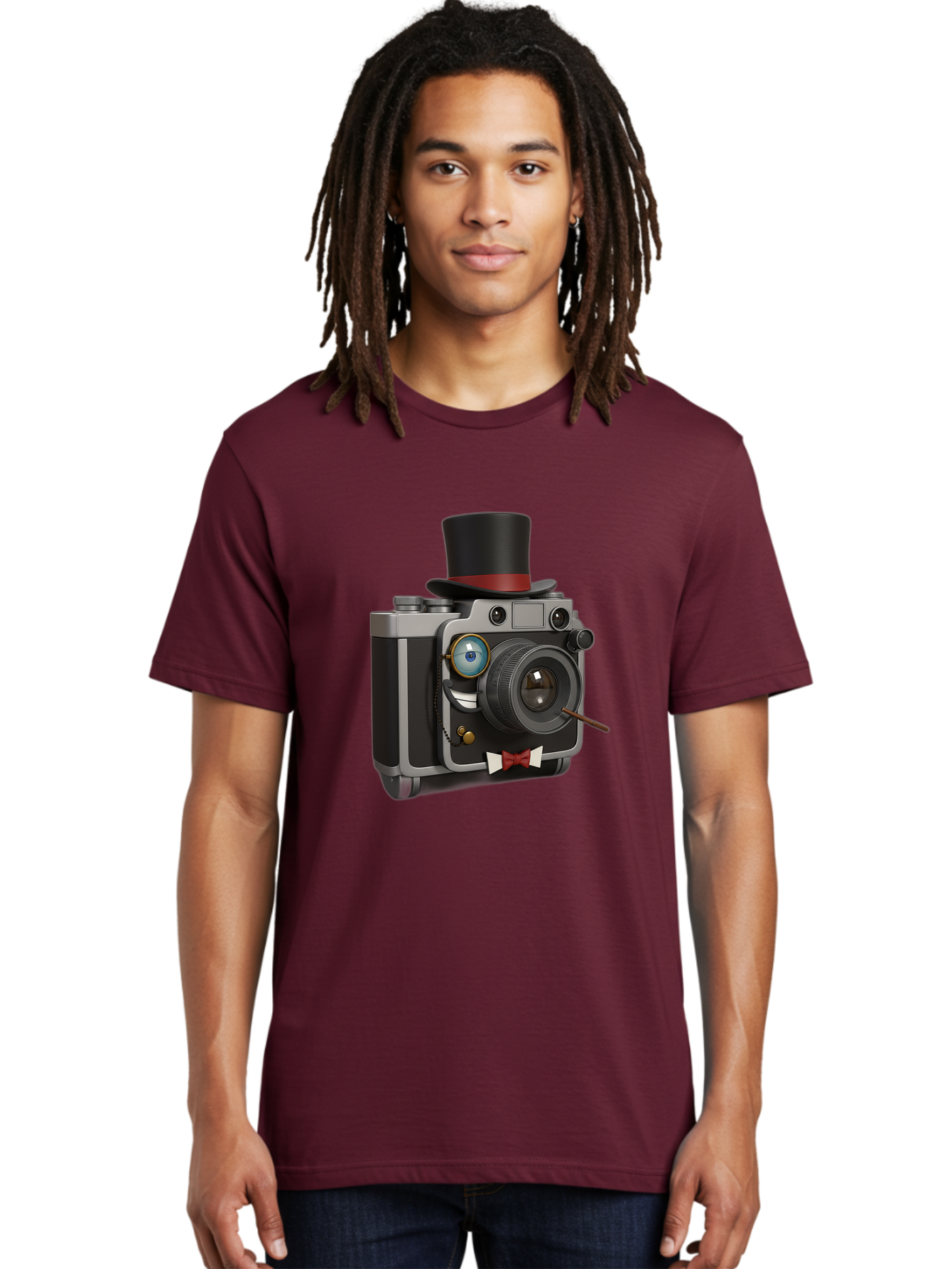 Camera-With-Top-Hat-And-Cane Men'S Graphic Tee, 100% Cotton, Comfortable Casual Summer Wear, Machine Washable, Vintage Camera, Top Hat, Bow Tie, Monocle, Sophisticated Photography, Retro Style, Gentlemanly Elegance, Classic Accessories, Bae382