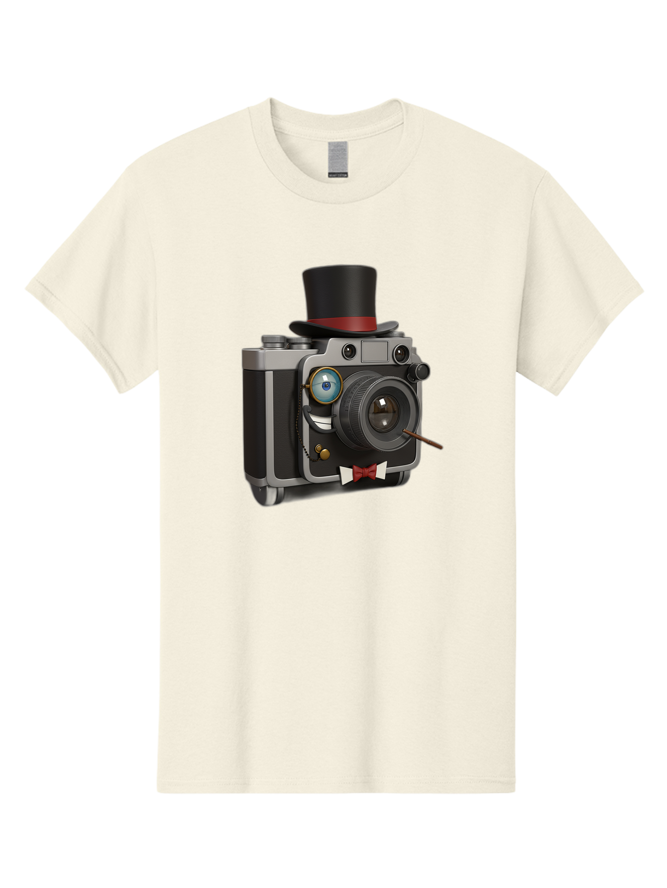 Camera-With-Top-Hat-And-Cane Men'S Graphic Tee, 100% Cotton, Comfortable Casual Summer Wear, Machine Washable, Vintage Camera, Top Hat, Bow Tie, Monocle, Sophisticated Photography, Retro Style, Gentlemanly Elegance, Classic Accessories, Bae382