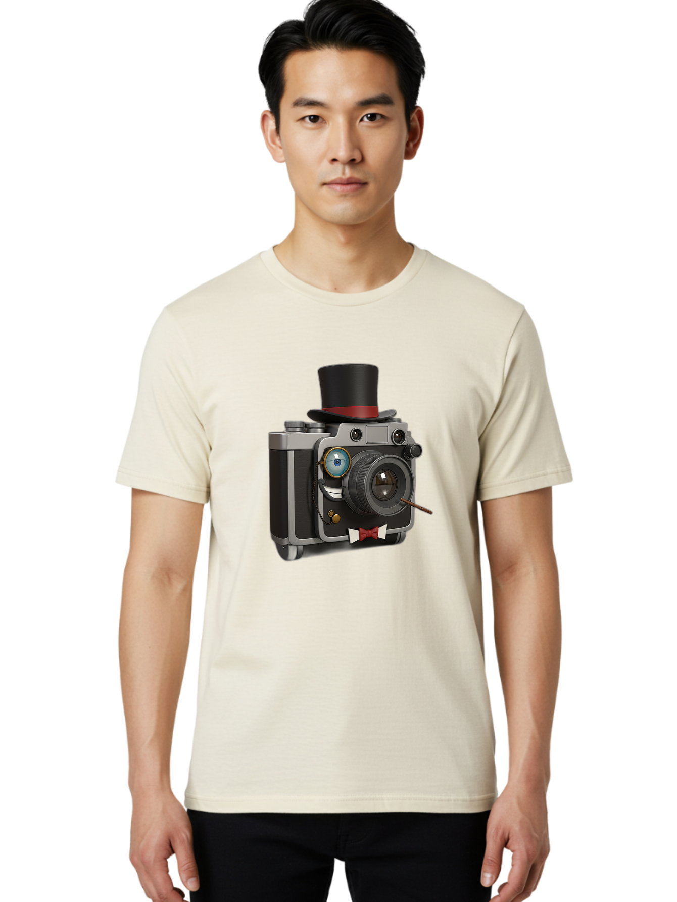 Camera-With-Top-Hat-And-Cane Men'S Graphic Tee, 100% Cotton, Comfortable Casual Summer Wear, Machine Washable, Vintage Camera, Top Hat, Bow Tie, Monocle, Sophisticated Photography, Retro Style, Gentlemanly Elegance, Classic Accessories, Bae382