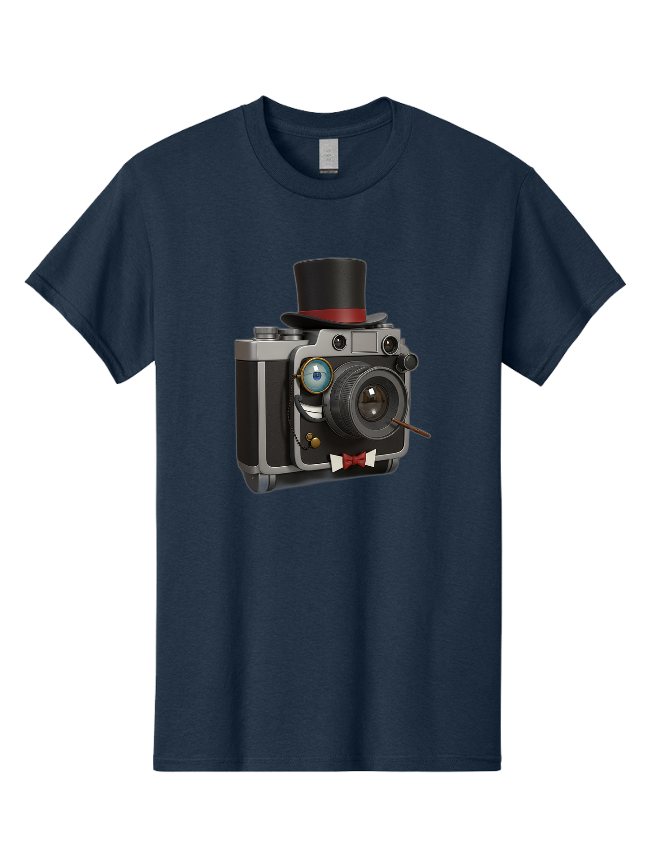 Camera-With-Top-Hat-And-Cane Men'S Graphic Tee, 100% Cotton, Comfortable Casual Summer Wear, Machine Washable, Vintage Camera, Top Hat, Bow Tie, Monocle, Sophisticated Photography, Retro Style, Gentlemanly Elegance, Classic Accessories, Bae382