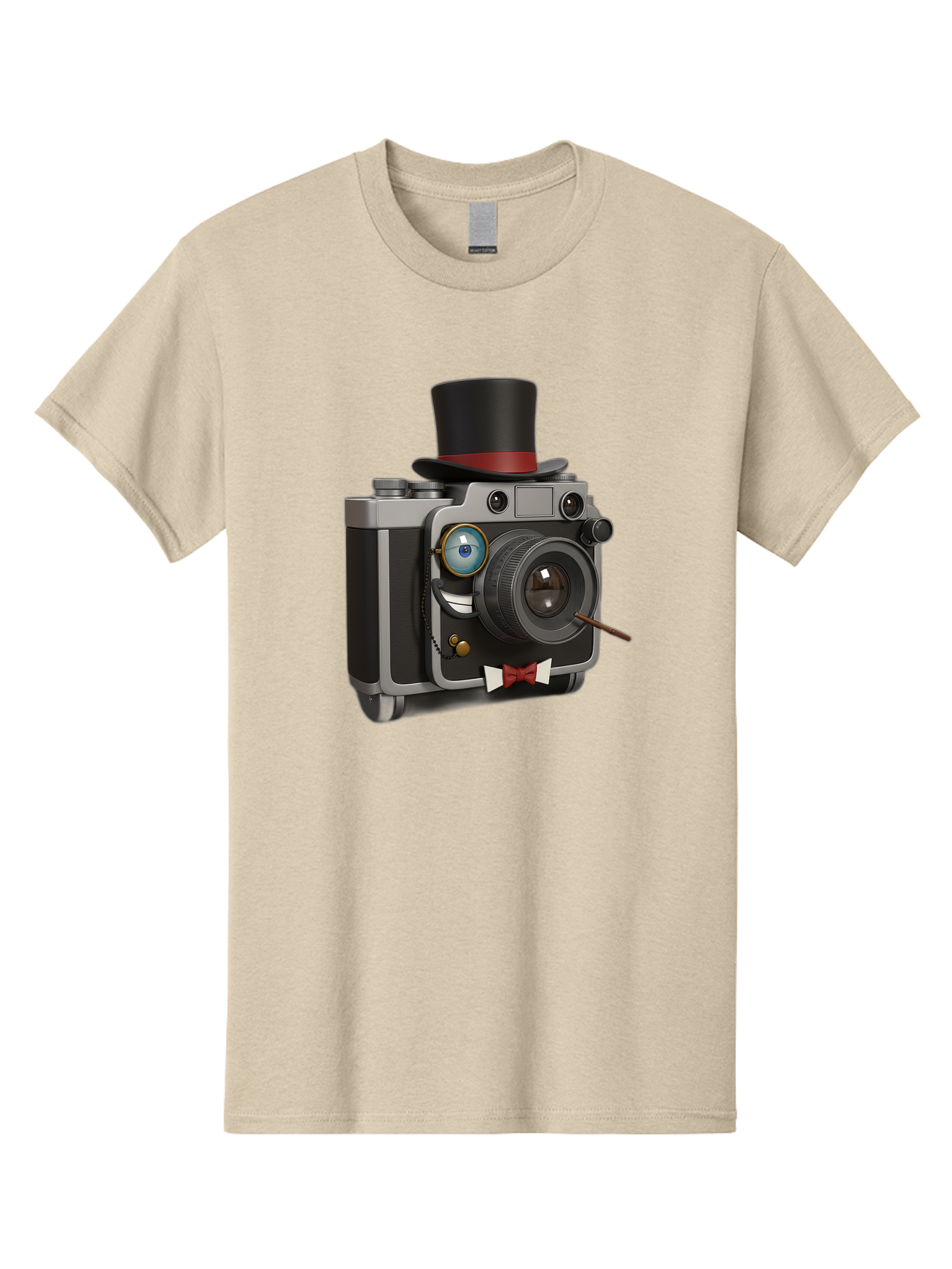 Camera-With-Top-Hat-And-Cane Men'S Graphic Tee, 100% Cotton, Comfortable Casual Summer Wear, Machine Washable, Vintage Camera, Top Hat, Bow Tie, Monocle, Sophisticated Photography, Retro Style, Gentlemanly Elegance, Classic Accessories, Bae382
