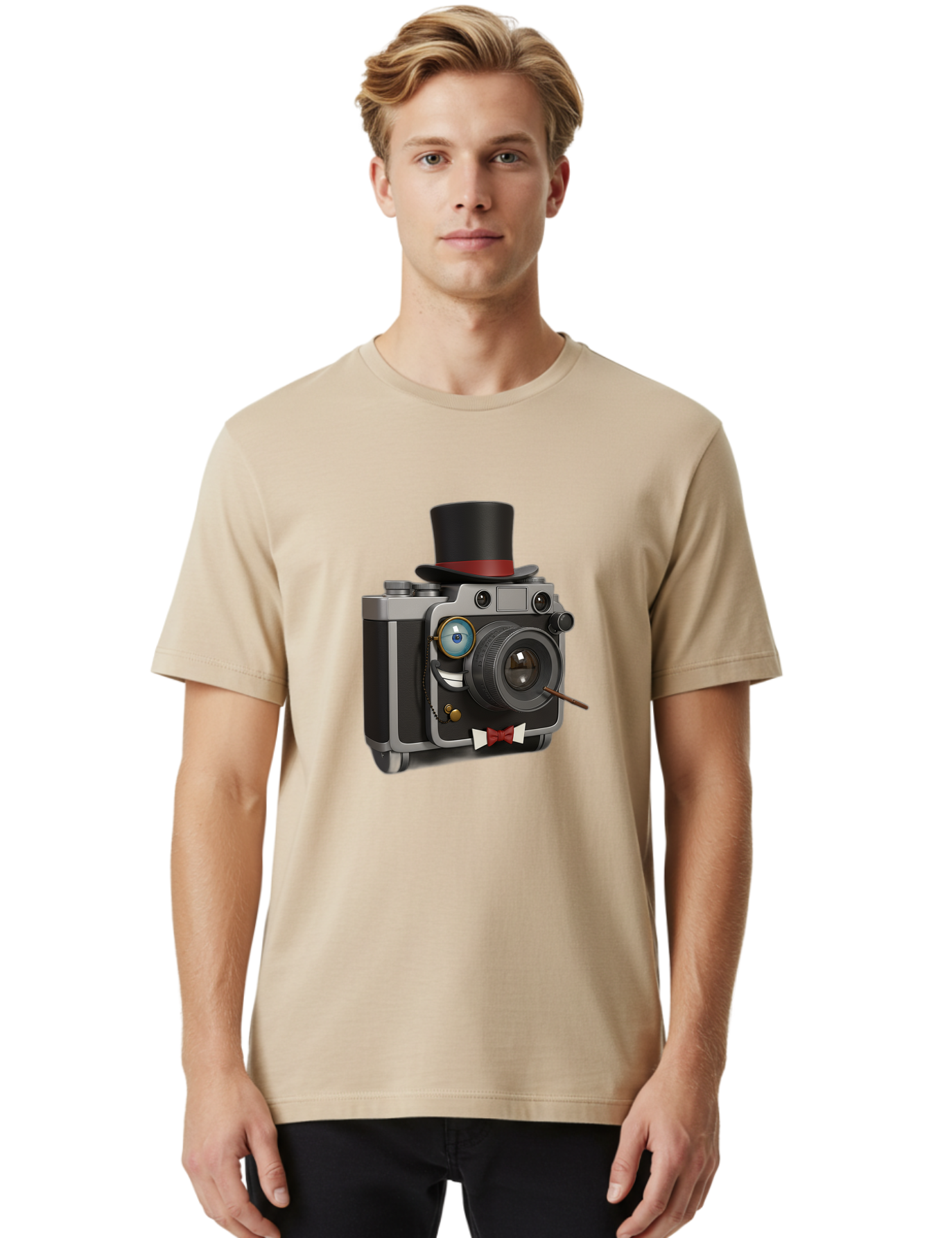 Camera-With-Top-Hat-And-Cane Men'S Graphic Tee, 100% Cotton, Comfortable Casual Summer Wear, Machine Washable, Vintage Camera, Top Hat, Bow Tie, Monocle, Sophisticated Photography, Retro Style, Gentlemanly Elegance, Classic Accessories, Bae382