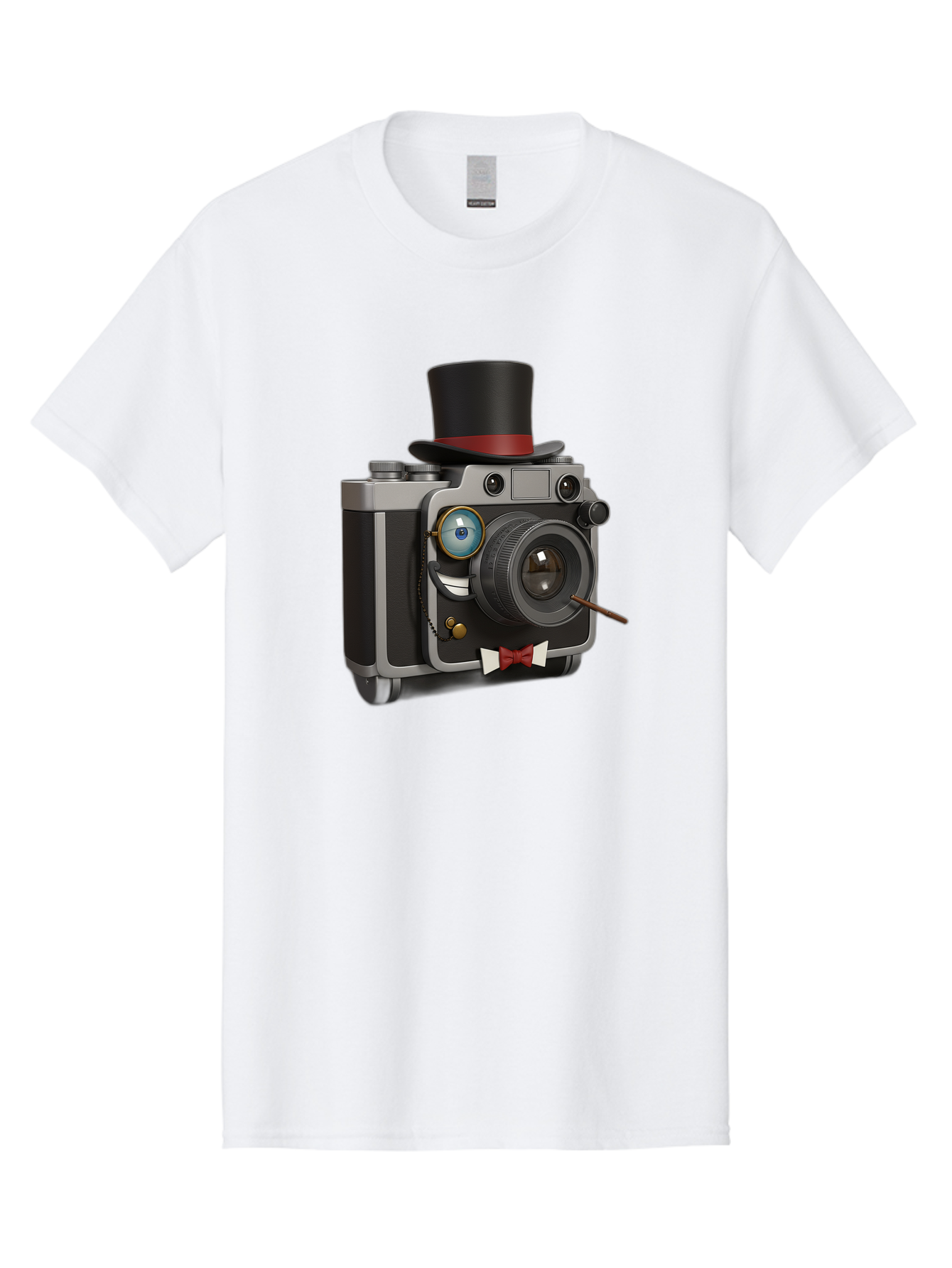 Camera-With-Top-Hat-And-Cane Men'S Graphic Tee, 100% Cotton, Comfortable Casual Summer Wear, Machine Washable, Vintage Camera, Top Hat, Bow Tie, Monocle, Sophisticated Photography, Retro Style, Gentlemanly Elegance, Classic Accessories, Bae382
