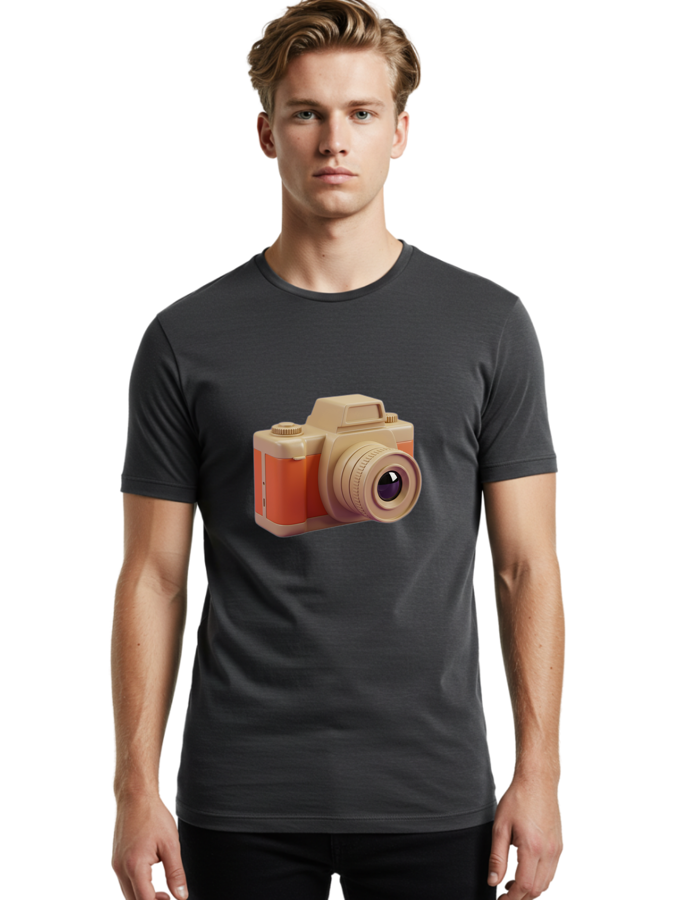 Camera Men'S Graphic Tee, 100% Cotton, Comfortable Casual Summer Wear, Machine Washable, Digital Camera, Photography Equipment, Camera Lens, Vintage Camera, Retro Style, Orange And Beige Colors, 3D Illustration, Camera Design, Photography Gear Bae383
