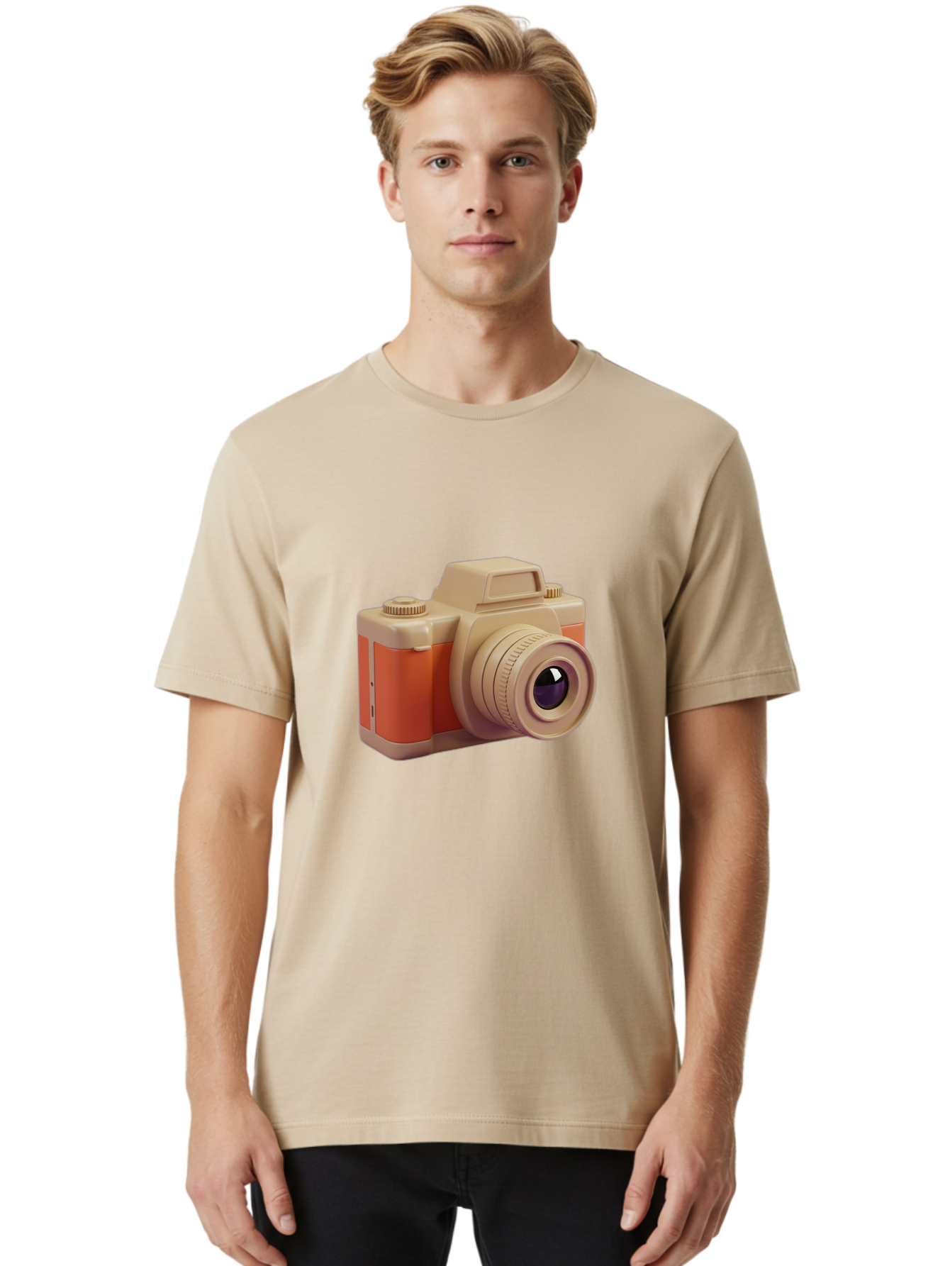 Camera Men'S Graphic Tee, 100% Cotton, Comfortable Casual Summer Wear, Machine Washable, Digital Camera, Photography Equipment, Camera Lens, Vintage Camera, Retro Style, Orange And Beige Colors, 3D Illustration, Camera Design, Photography Gear Bae383