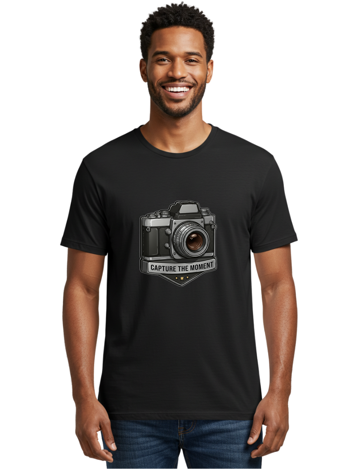 Capture-The-Moment Men'S Graphic Tee, 100% Cotton, Comfortable Casual Summer Wear, Machine Washable, Vintage Camera, Photography Equipment, Capture The Moment, Three Stars, Classic Design, Retro Style, Photography Inspiration, Camera Logo, Bae385