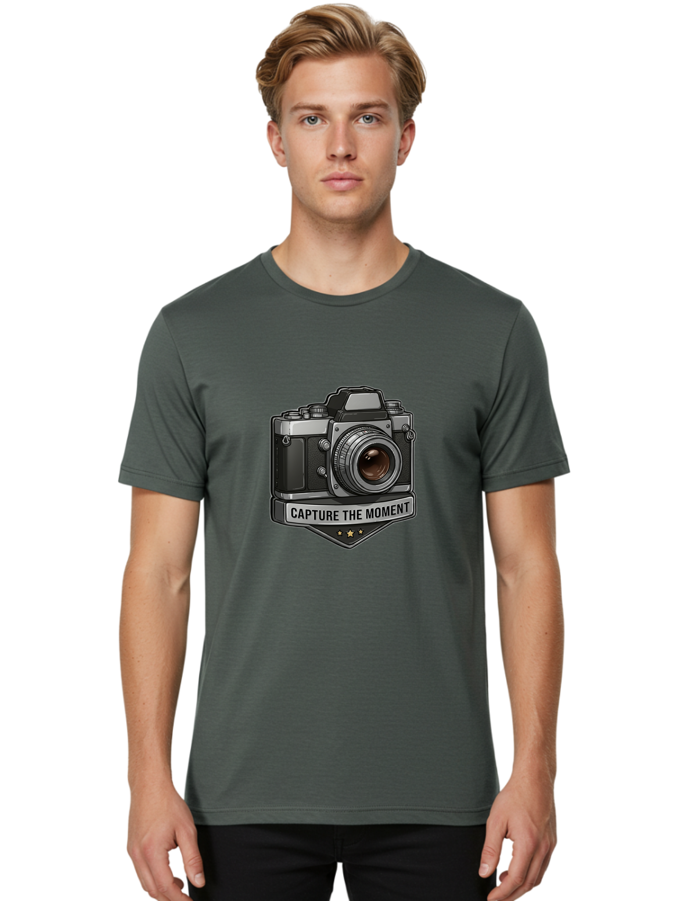 Capture-The-Moment Men'S Graphic Tee, 100% Cotton, Comfortable Casual Summer Wear, Machine Washable, Vintage Camera, Photography Equipment, Capture The Moment, Three Stars, Classic Design, Retro Style, Photography Inspiration, Camera Logo, Bae385