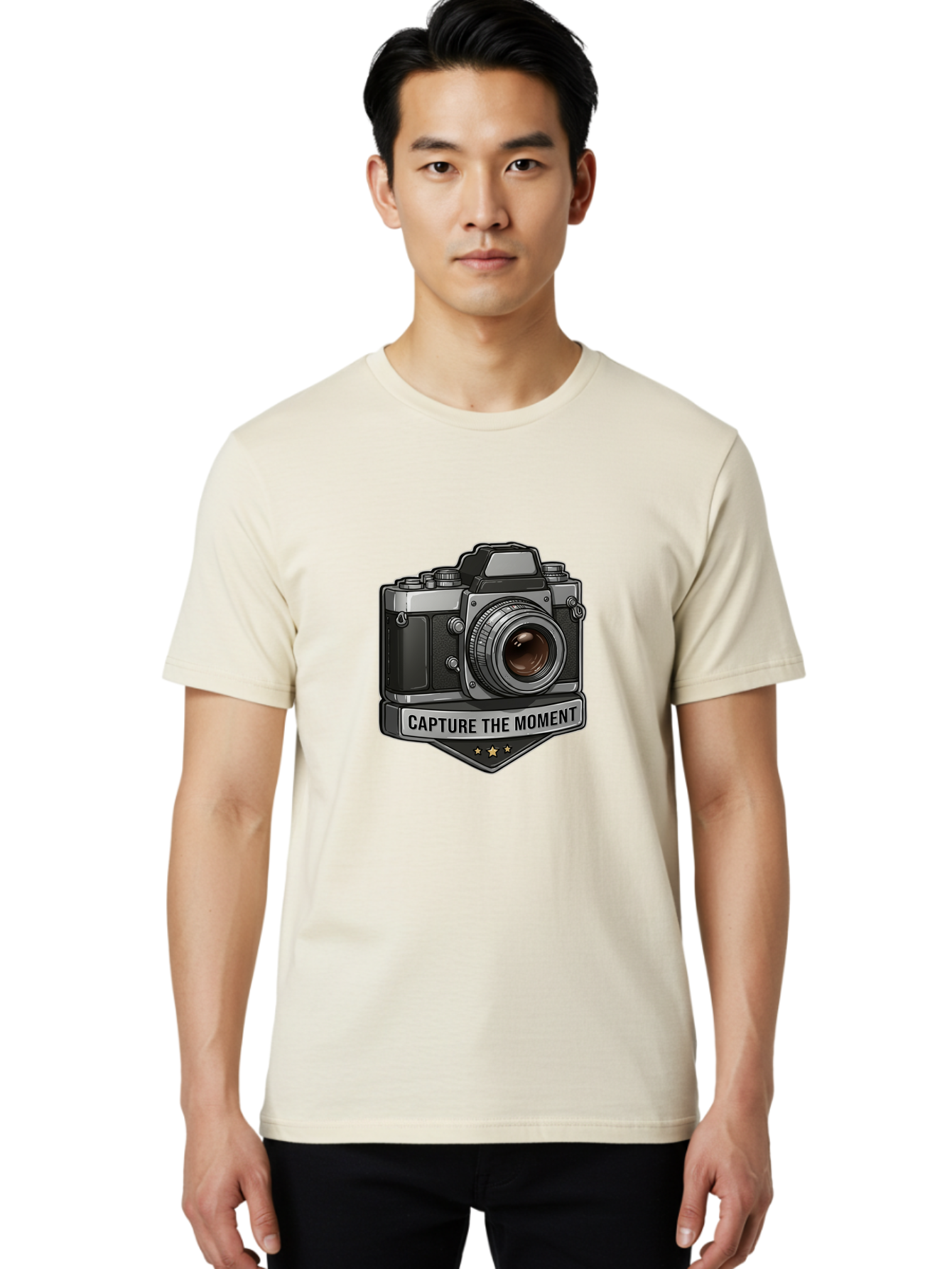 Capture-The-Moment Men'S Graphic Tee, 100% Cotton, Comfortable Casual Summer Wear, Machine Washable, Vintage Camera, Photography Equipment, Capture The Moment, Three Stars, Classic Design, Retro Style, Photography Inspiration, Camera Logo, Bae385