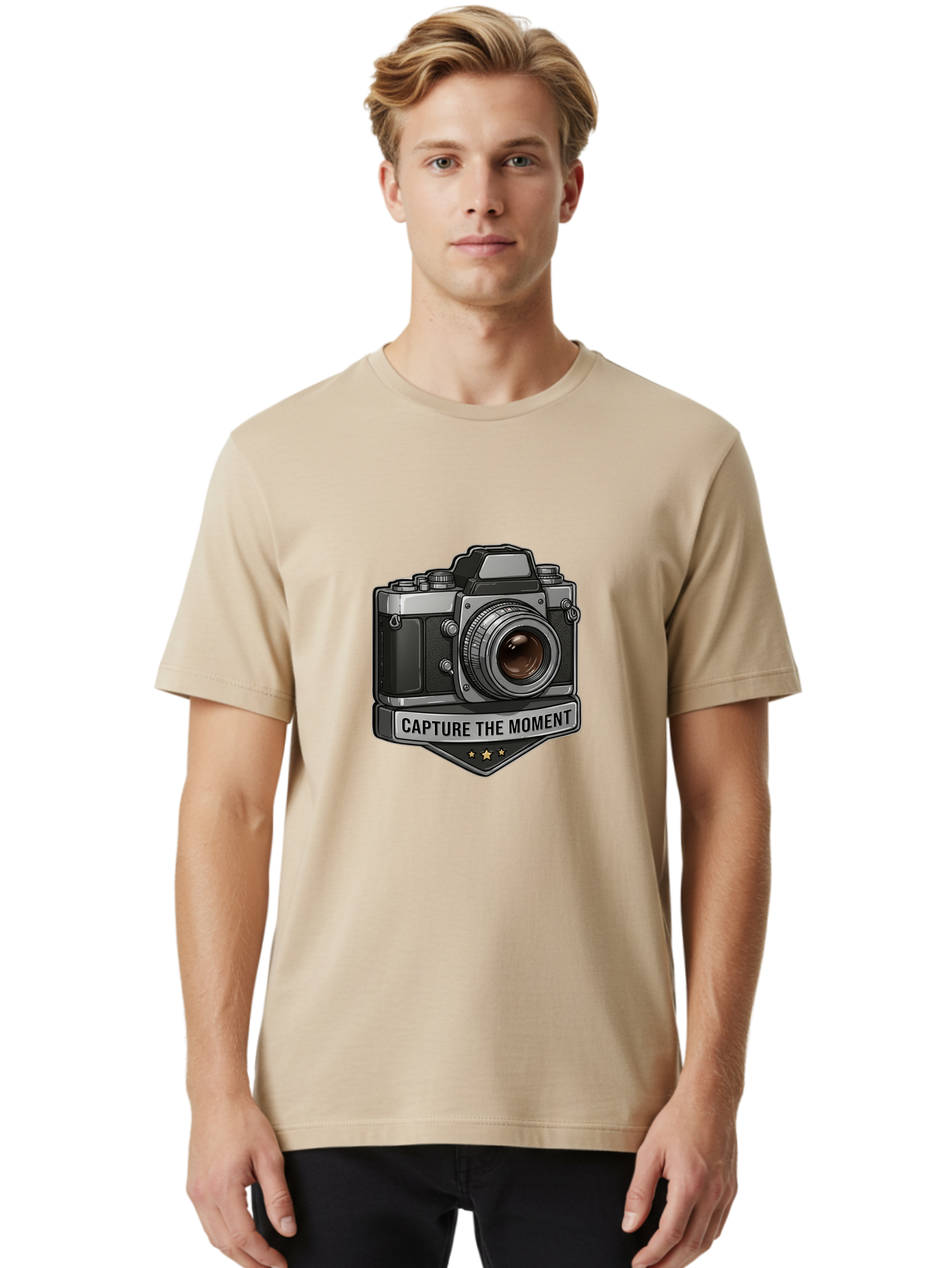 Capture-The-Moment Men'S Graphic Tee, 100% Cotton, Comfortable Casual Summer Wear, Machine Washable, Vintage Camera, Photography Equipment, Capture The Moment, Three Stars, Classic Design, Retro Style, Photography Inspiration, Camera Logo, Bae385