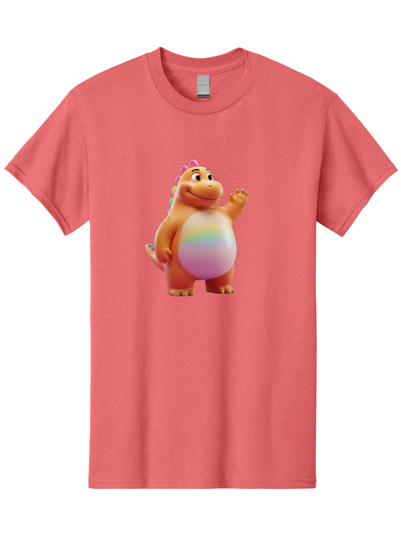 Cartoon-Dinosaur-3 Men'S Graphic Tee, 100% Cotton, Comfortable Casual Summer Wear, Machine Washable, Cartoon Dinosaur, Orange Dinosaur, Friendly Creature, Smiling Face, Waving Hand, Colorful Spines, Rainbow Belly, Animated Character, Bae390