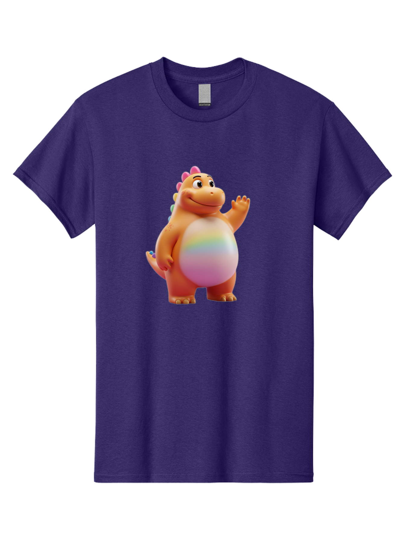 Cartoon-Dinosaur-3 Men'S Graphic Tee, 100% Cotton, Comfortable Casual Summer Wear, Machine Washable, Cartoon Dinosaur, Orange Dinosaur, Friendly Creature, Smiling Face, Waving Hand, Colorful Spines, Rainbow Belly, Animated Character, Bae390