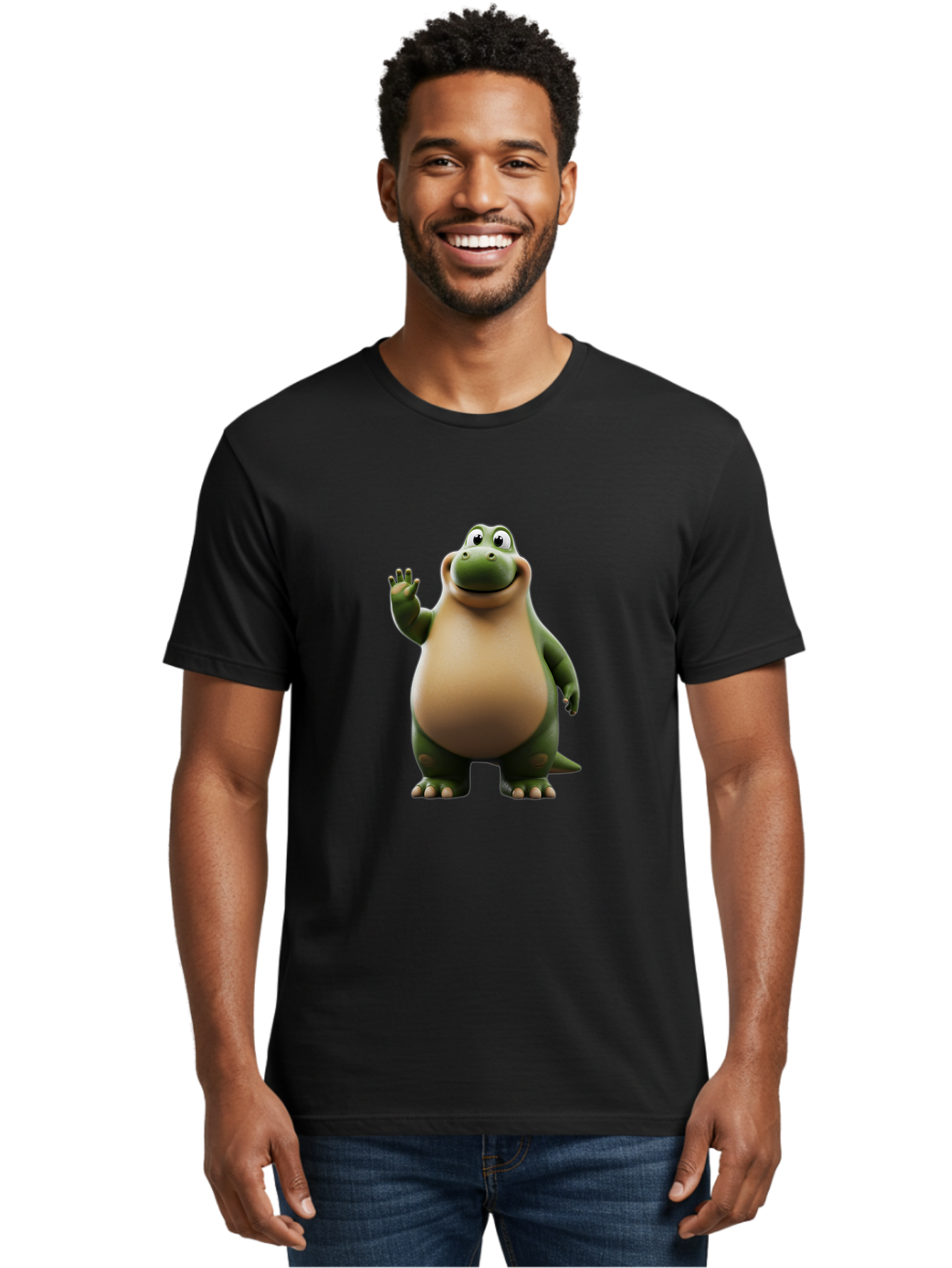 Cartoon-Dinosaur Men'S Graphic Tee, 100% Cotton, Comfortable Casual Summer Wear, Machine Washable, Cartoon Dinosaur, Friendly T-Rex, Green And Tan, Waving Hand, Smiling Face, Animated Character, Children'S Illustration, Prehistoric Creature, Bae391
