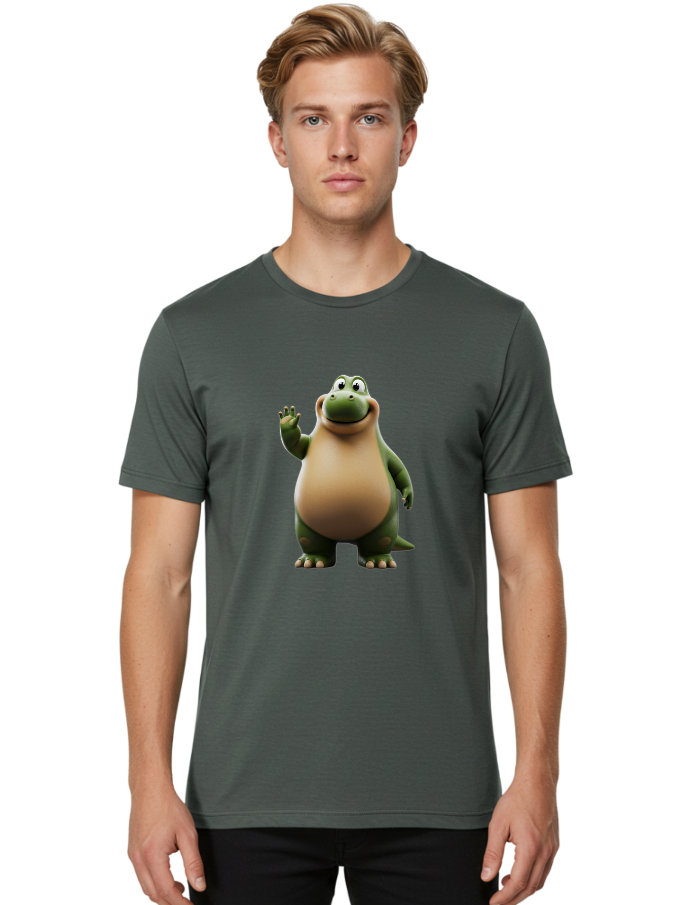 Cartoon-Dinosaur Men'S Graphic Tee, 100% Cotton, Comfortable Casual Summer Wear, Machine Washable, Cartoon Dinosaur, Friendly T-Rex, Green And Tan, Waving Hand, Smiling Face, Animated Character, Children'S Illustration, Prehistoric Creature, Bae391