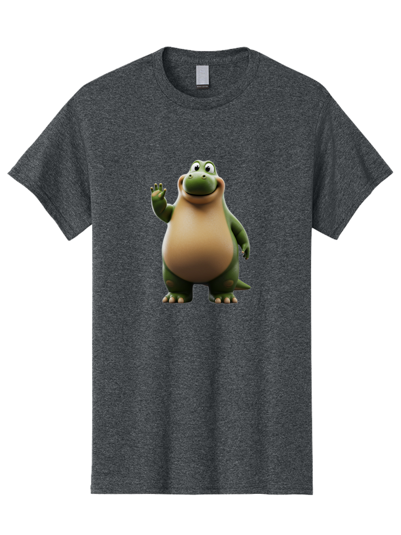 Cartoon-Dinosaur Men'S Graphic Tee, 100% Cotton, Comfortable Casual Summer Wear, Machine Washable, Cartoon Dinosaur, Friendly T-Rex, Green And Tan, Waving Hand, Smiling Face, Animated Character, Children'S Illustration, Prehistoric Creature, Bae391