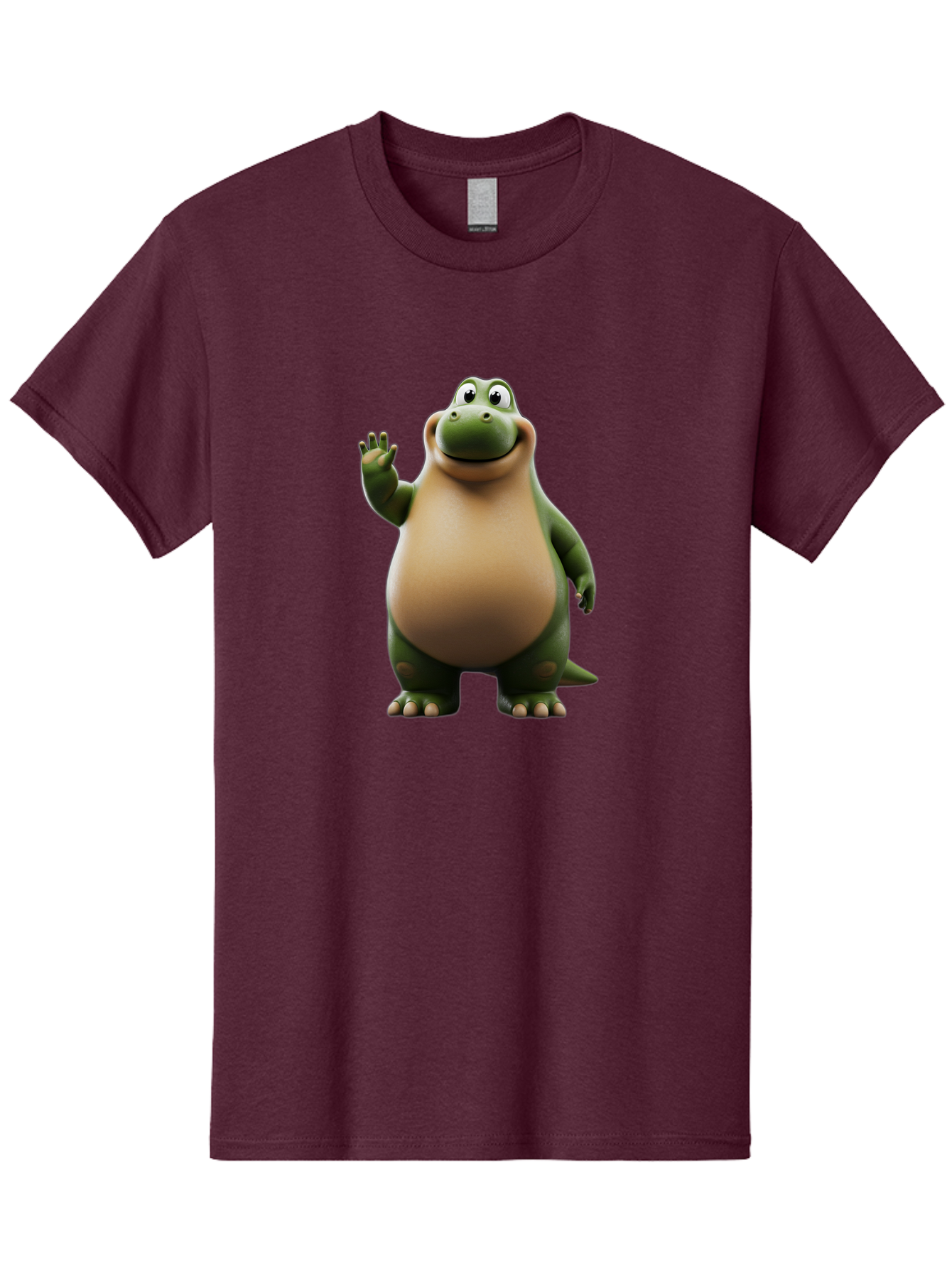 Cartoon-Dinosaur Men'S Graphic Tee, 100% Cotton, Comfortable Casual Summer Wear, Machine Washable, Cartoon Dinosaur, Friendly T-Rex, Green And Tan, Waving Hand, Smiling Face, Animated Character, Children'S Illustration, Prehistoric Creature, Bae391