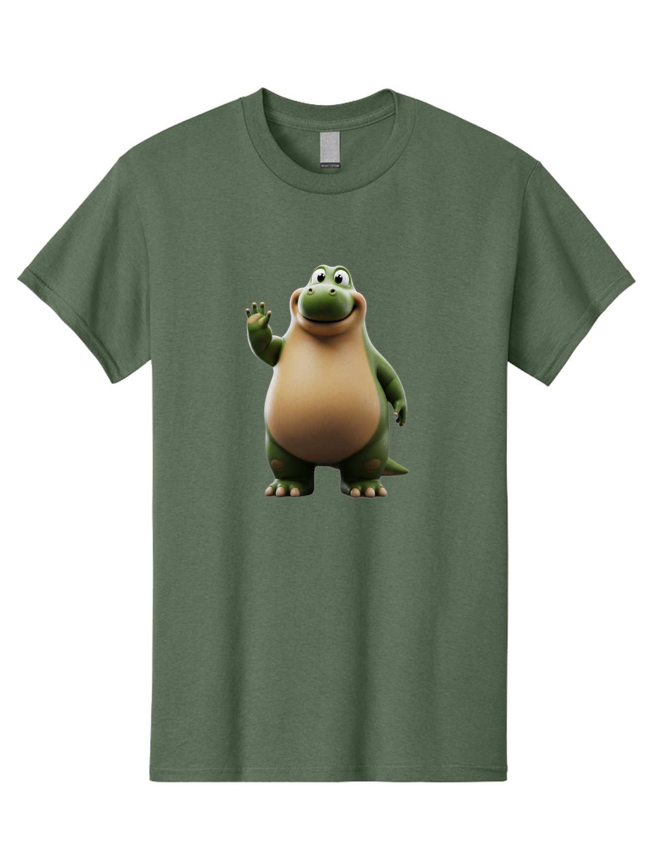 Cartoon-Dinosaur Men'S Graphic Tee, 100% Cotton, Comfortable Casual Summer Wear, Machine Washable, Cartoon Dinosaur, Friendly T-Rex, Green And Tan, Waving Hand, Smiling Face, Animated Character, Children'S Illustration, Prehistoric Creature, Bae391