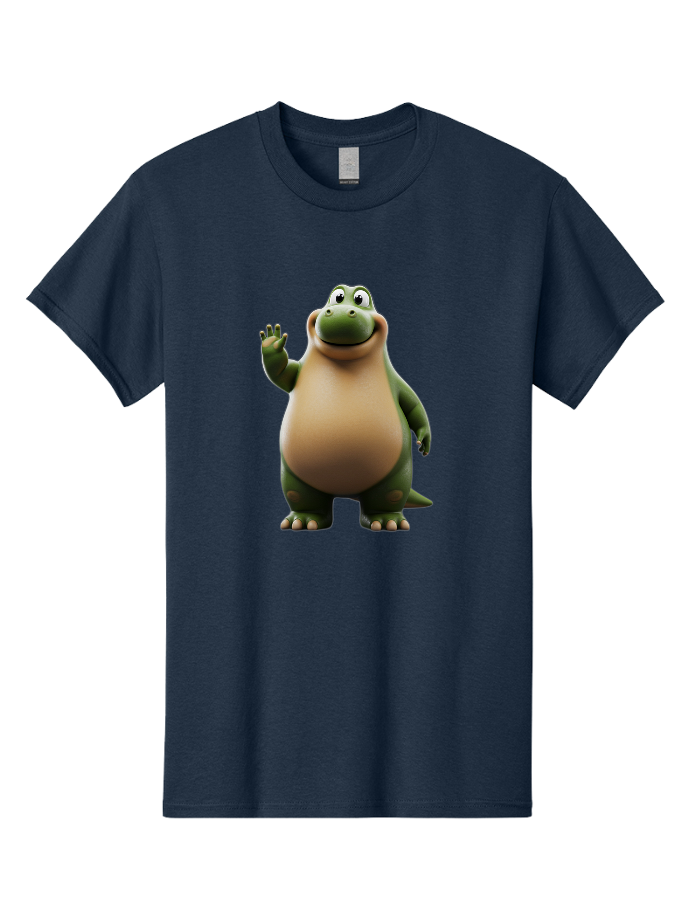 Cartoon-Dinosaur Men'S Graphic Tee, 100% Cotton, Comfortable Casual Summer Wear, Machine Washable, Cartoon Dinosaur, Friendly T-Rex, Green And Tan, Waving Hand, Smiling Face, Animated Character, Children'S Illustration, Prehistoric Creature, Bae391