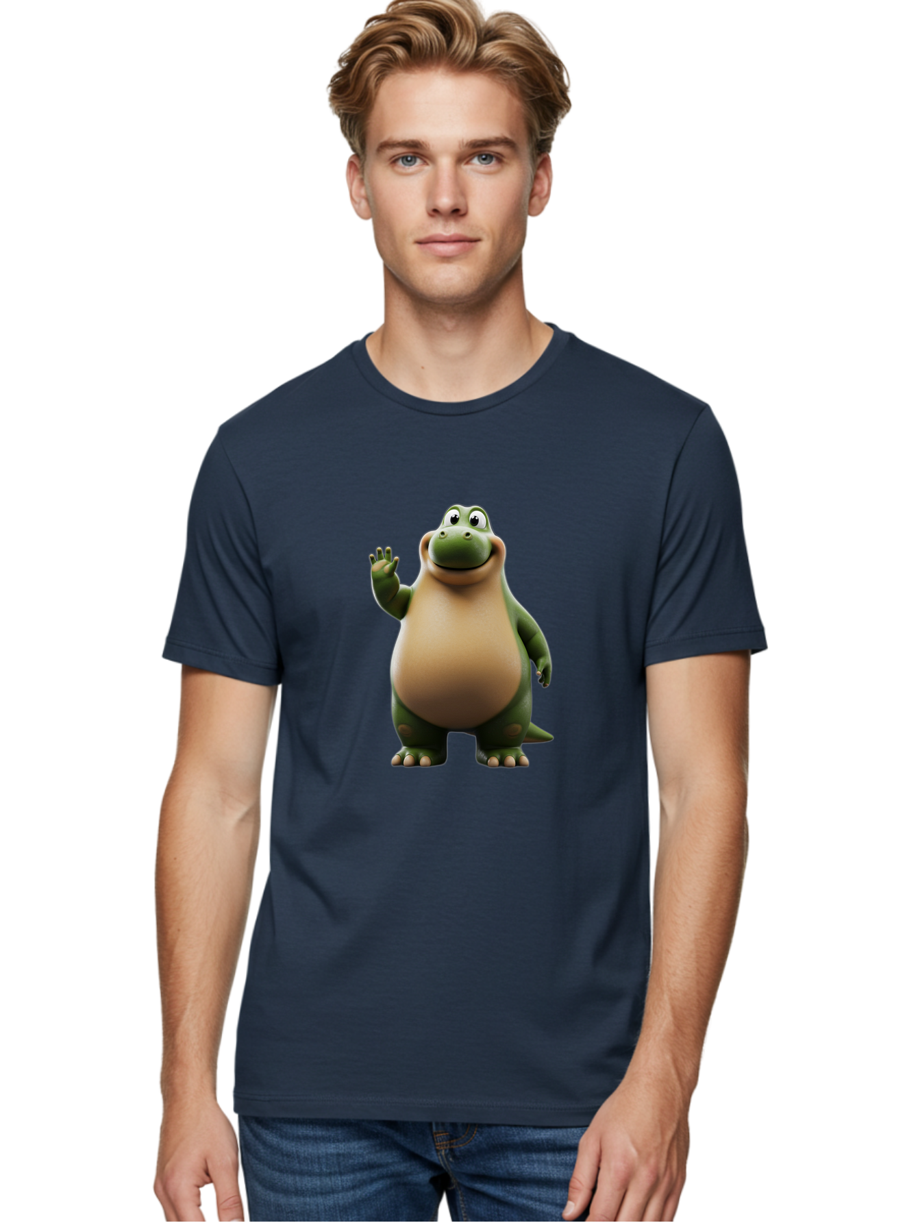 Cartoon-Dinosaur Men'S Graphic Tee, 100% Cotton, Comfortable Casual Summer Wear, Machine Washable, Cartoon Dinosaur, Friendly T-Rex, Green And Tan, Waving Hand, Smiling Face, Animated Character, Children'S Illustration, Prehistoric Creature, Bae391