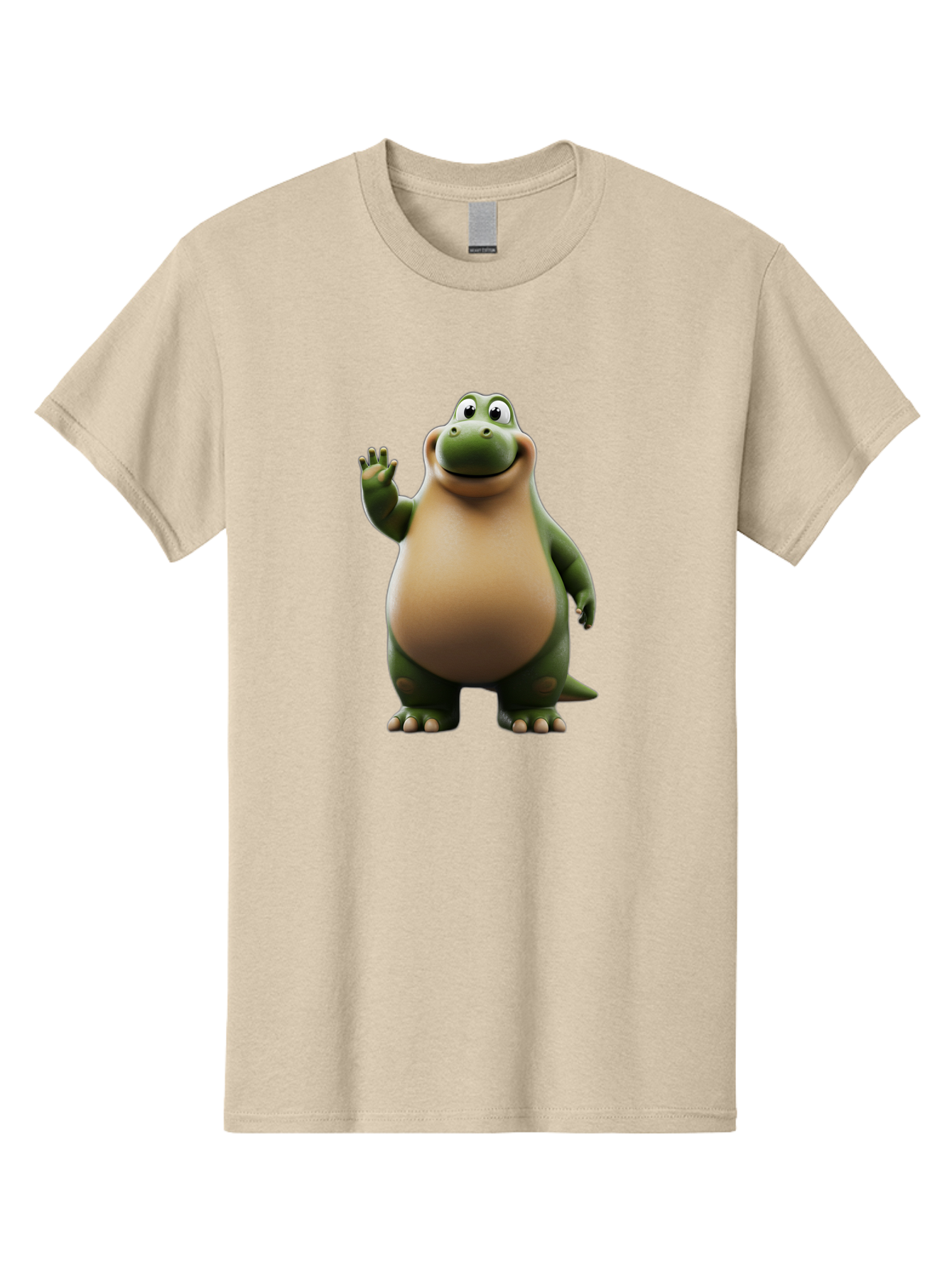 Cartoon-Dinosaur Men'S Graphic Tee, 100% Cotton, Comfortable Casual Summer Wear, Machine Washable, Cartoon Dinosaur, Friendly T-Rex, Green And Tan, Waving Hand, Smiling Face, Animated Character, Children'S Illustration, Prehistoric Creature, Bae391