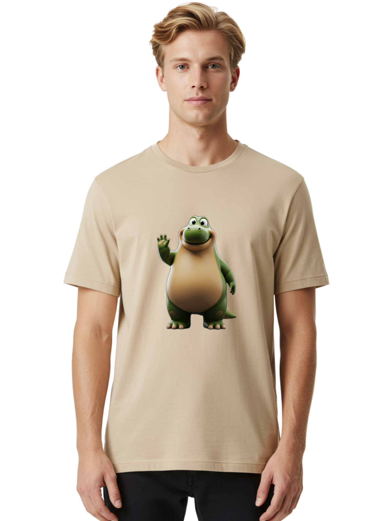 Cartoon-Dinosaur Men'S Graphic Tee, 100% Cotton, Comfortable Casual Summer Wear, Machine Washable, Cartoon Dinosaur, Friendly T-Rex, Green And Tan, Waving Hand, Smiling Face, Animated Character, Children'S Illustration, Prehistoric Creature, Bae391