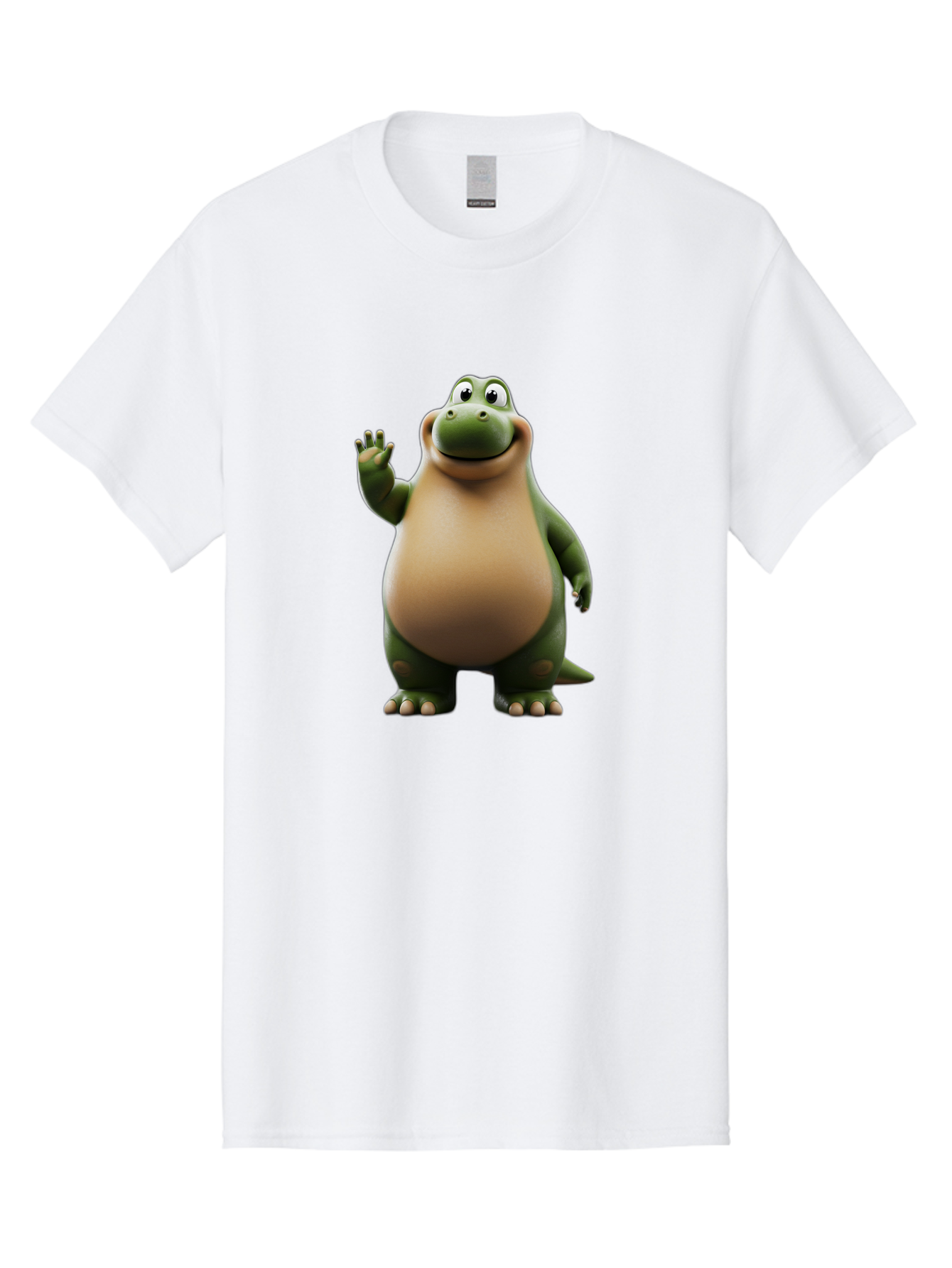 Cartoon-Dinosaur Men'S Graphic Tee, 100% Cotton, Comfortable Casual Summer Wear, Machine Washable, Cartoon Dinosaur, Friendly T-Rex, Green And Tan, Waving Hand, Smiling Face, Animated Character, Children'S Illustration, Prehistoric Creature, Bae391