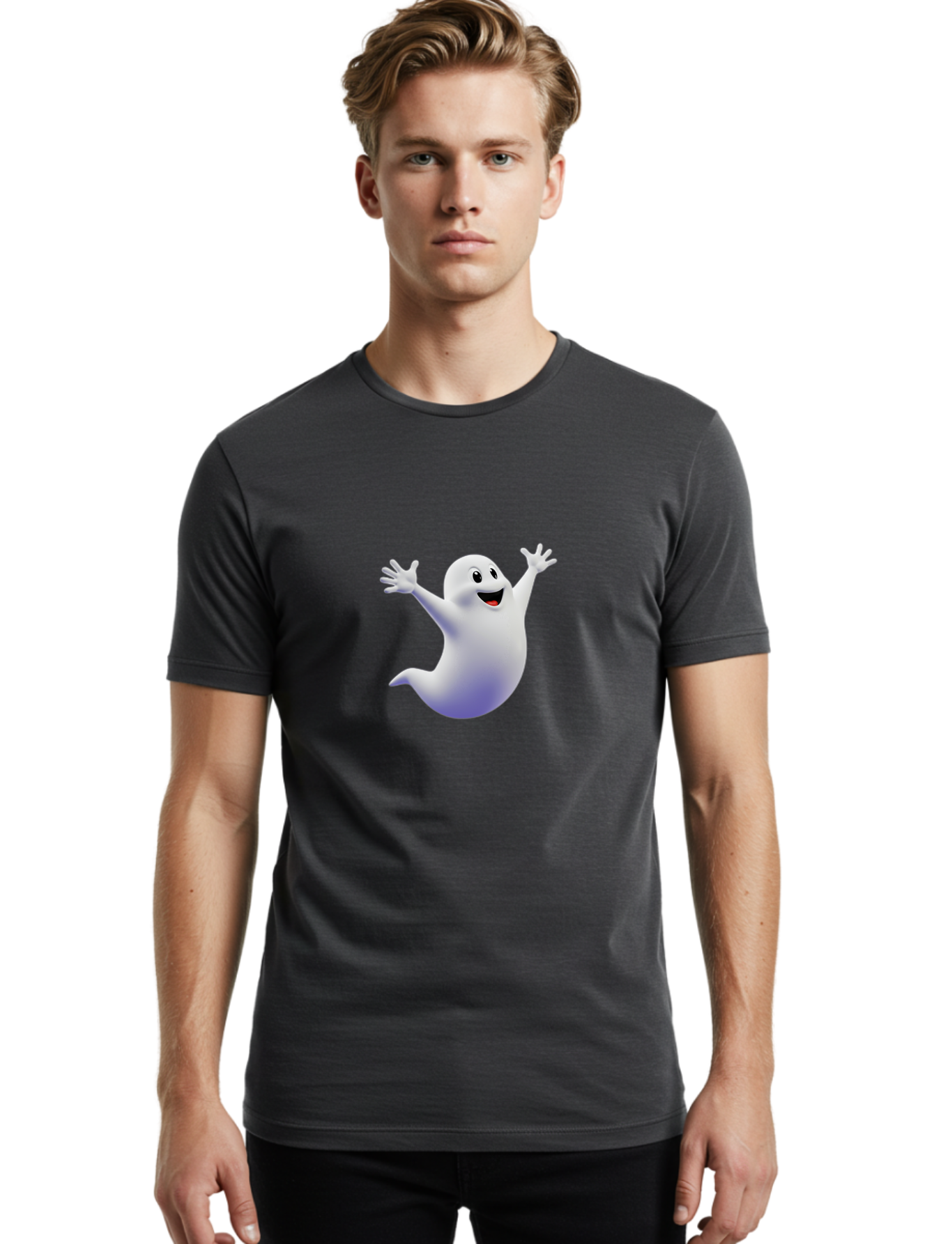 Cartoon-Ghost Men'S Graphic Tee, 100% Cotton, Comfortable Casual Summer Wear, Machine Washable, White Ghost, Cartoon Character, Friendly Spirit, Happy Expression, Halloween Theme, Digital Illustration, 3D Rendering, Playful Design Bae392