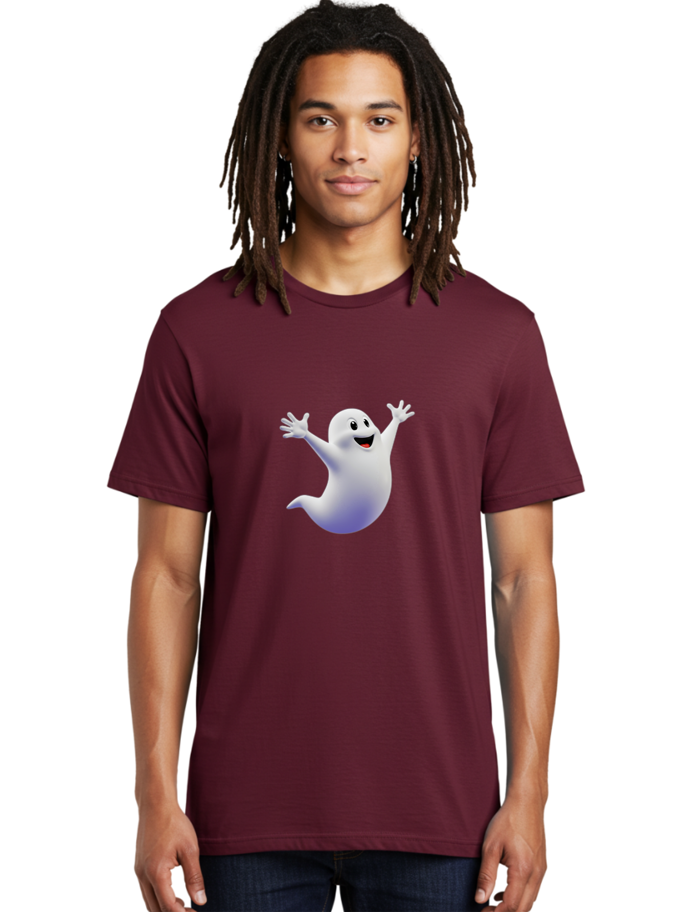 Cartoon-Ghost Men'S Graphic Tee, 100% Cotton, Comfortable Casual Summer Wear, Machine Washable, White Ghost, Cartoon Character, Friendly Spirit, Happy Expression, Halloween Theme, Digital Illustration, 3D Rendering, Playful Design Bae392
