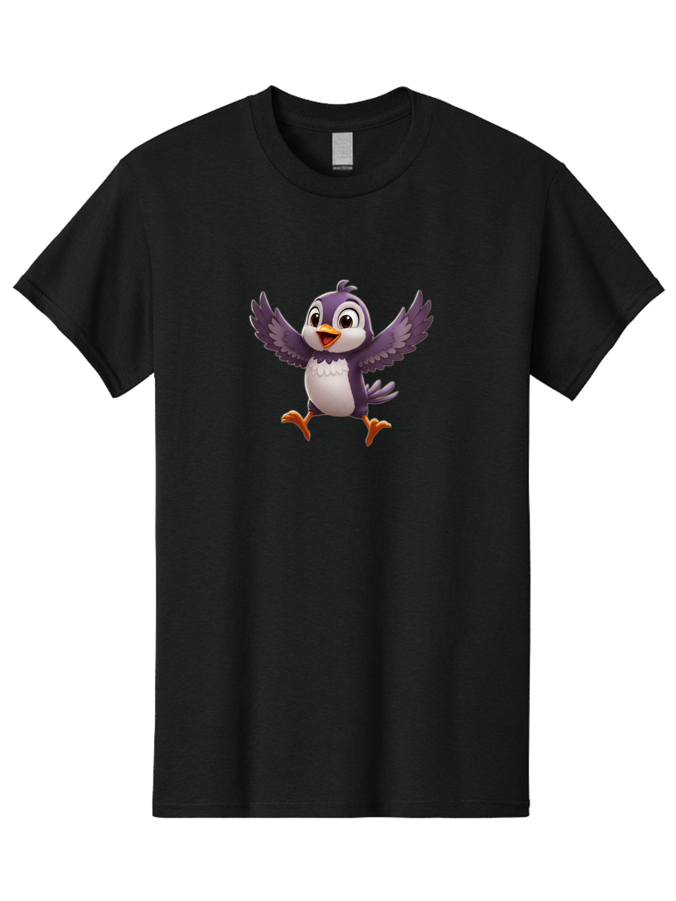 Cartoon-Penguin Men'S Graphic Tee, 100% Cotton, Comfortable Casual Summer Wear, Machine Washable, Cartoon Penguin, Animated Character, Playful Bird, Cute Creature, Purple And White Feathers, Orange Beak And Feet, Flying Penguin, Bae393