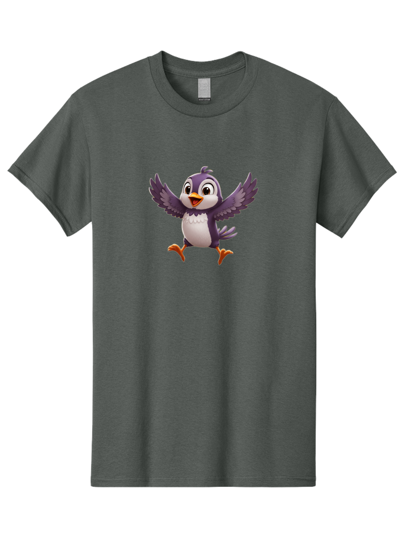 Cartoon-Penguin Men'S Graphic Tee, 100% Cotton, Comfortable Casual Summer Wear, Machine Washable, Cartoon Penguin, Animated Character, Playful Bird, Cute Creature, Purple And White Feathers, Orange Beak And Feet, Flying Penguin, Bae393