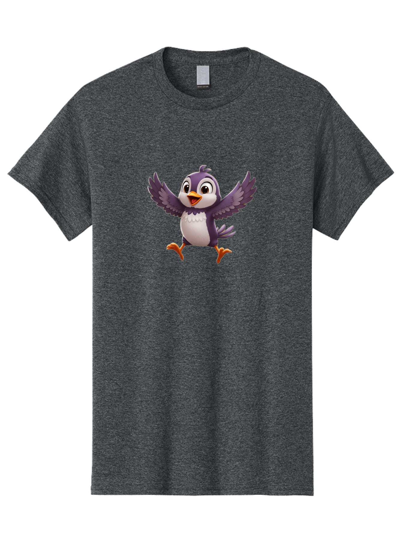 Cartoon-Penguin Men'S Graphic Tee, 100% Cotton, Comfortable Casual Summer Wear, Machine Washable, Cartoon Penguin, Animated Character, Playful Bird, Cute Creature, Purple And White Feathers, Orange Beak And Feet, Flying Penguin, Bae393