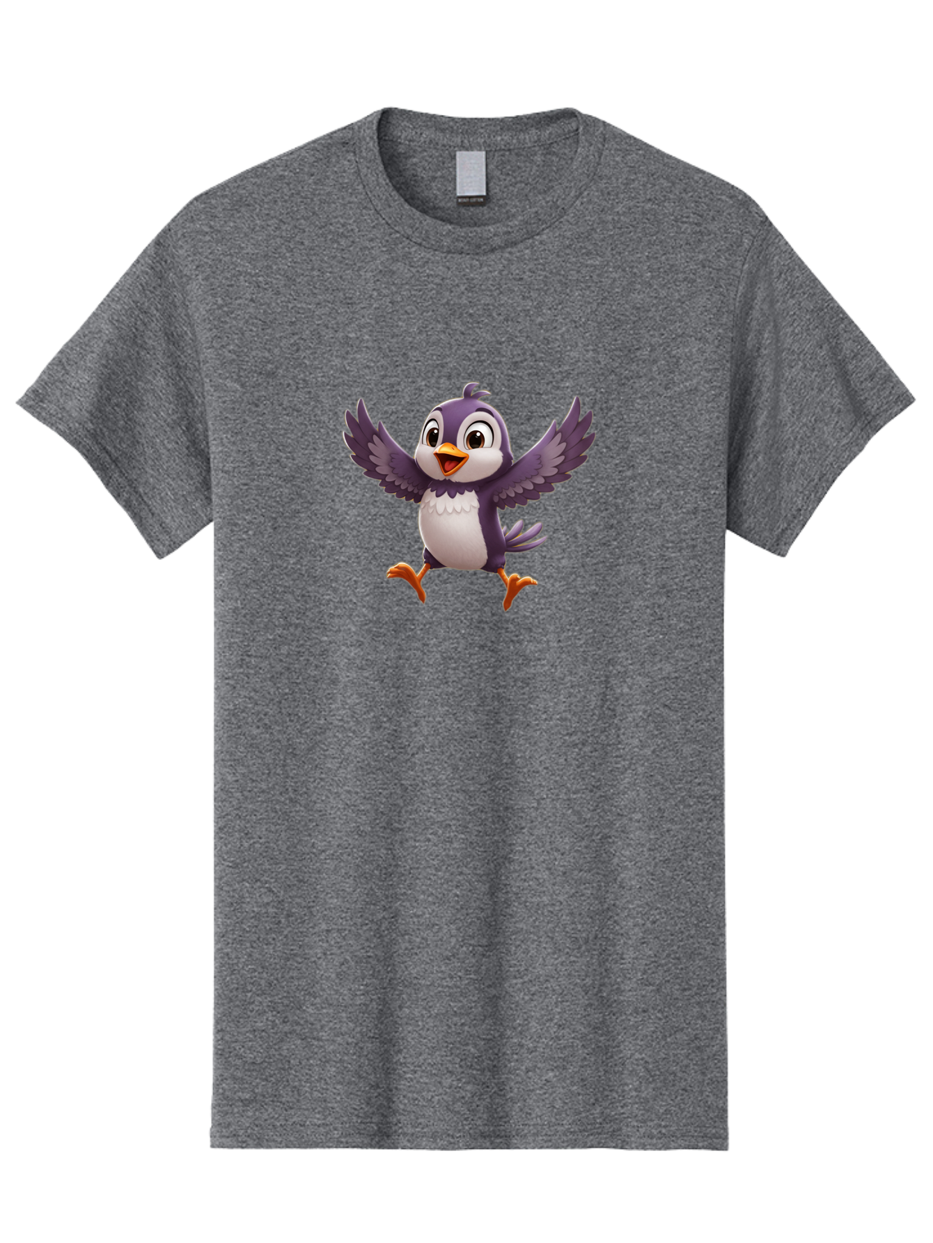 Cartoon-Penguin Men'S Graphic Tee, 100% Cotton, Comfortable Casual Summer Wear, Machine Washable, Cartoon Penguin, Animated Character, Playful Bird, Cute Creature, Purple And White Feathers, Orange Beak And Feet, Flying Penguin, Bae393