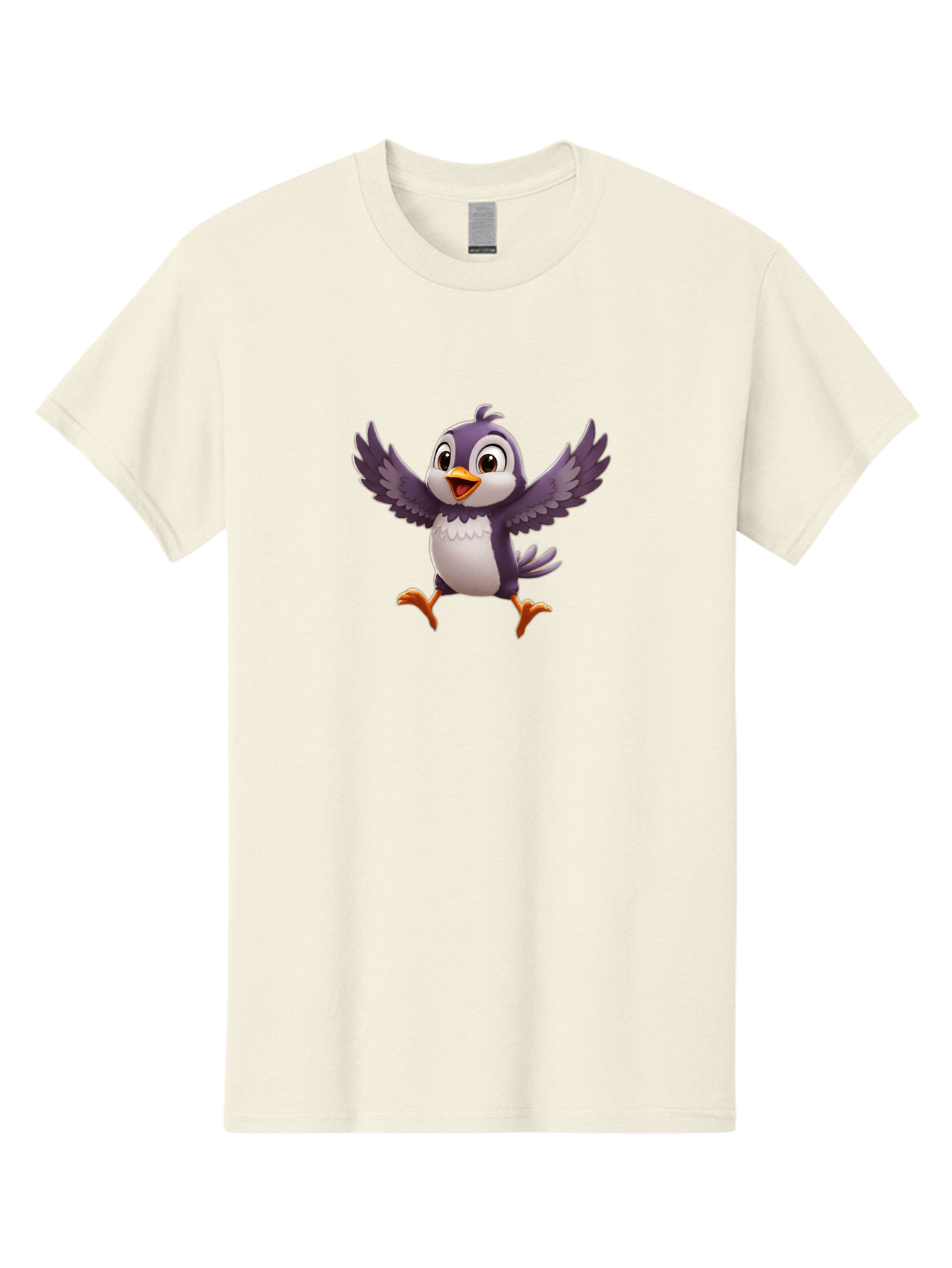 Cartoon-Penguin Men'S Graphic Tee, 100% Cotton, Comfortable Casual Summer Wear, Machine Washable, Cartoon Penguin, Animated Character, Playful Bird, Cute Creature, Purple And White Feathers, Orange Beak And Feet, Flying Penguin, Bae393